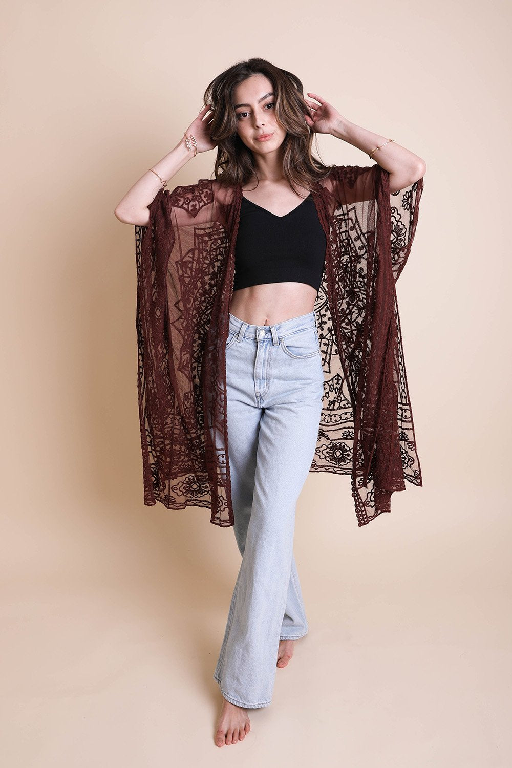 A lightweight floral mandala mesh kimono featuring intricate embroidery, perfect for casual wear.