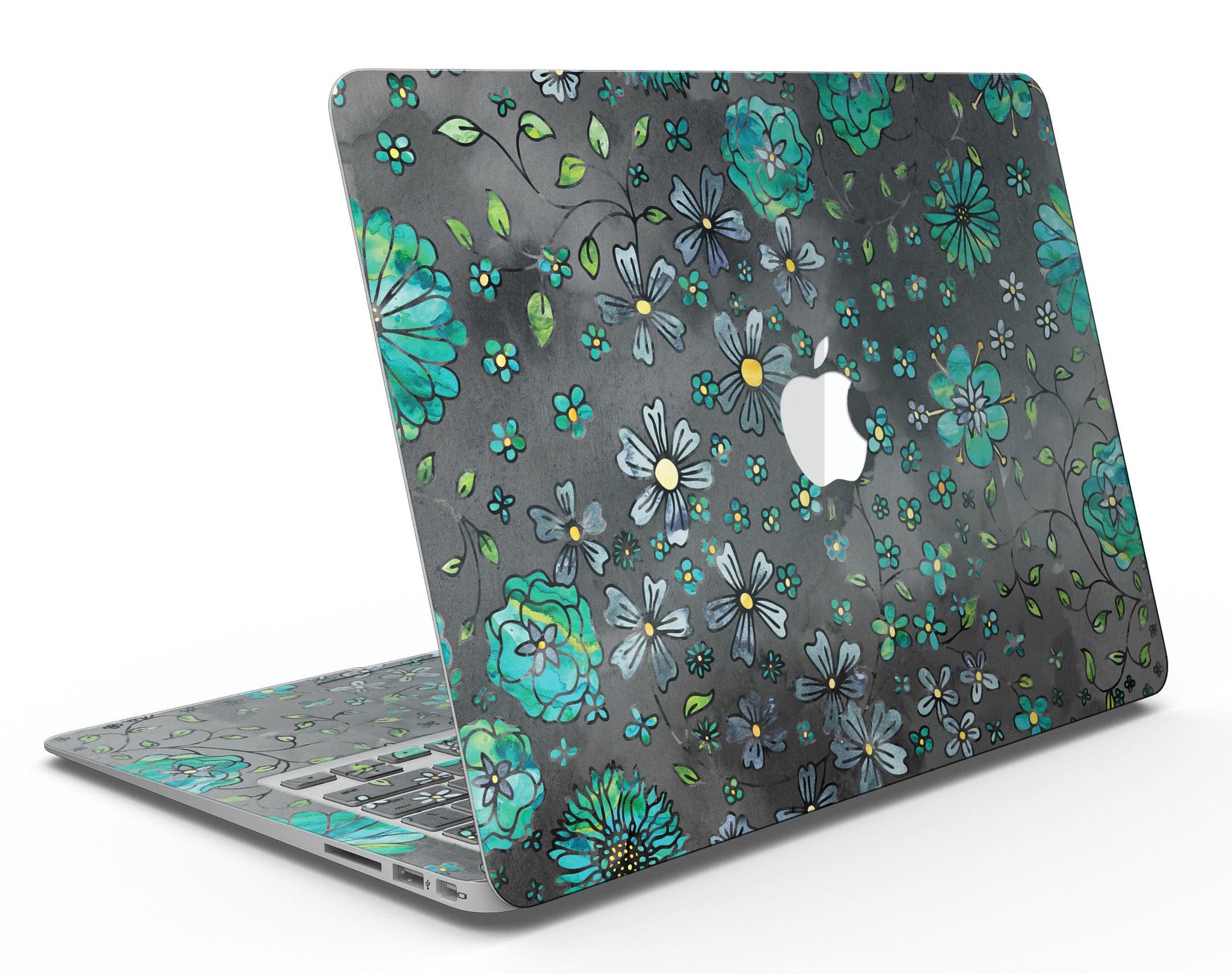 Floral pattern skin for MacBook Air featuring a black watercolor background, showcasing vibrant flowers and a sleek design.