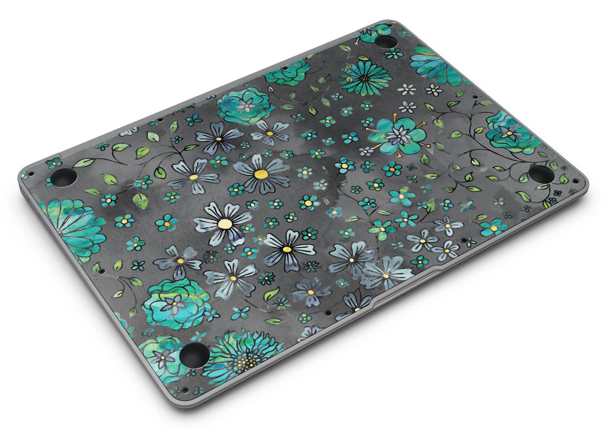 Floral pattern skin for MacBook Air featuring a black watercolor background, showcasing vibrant flowers and a sleek design.