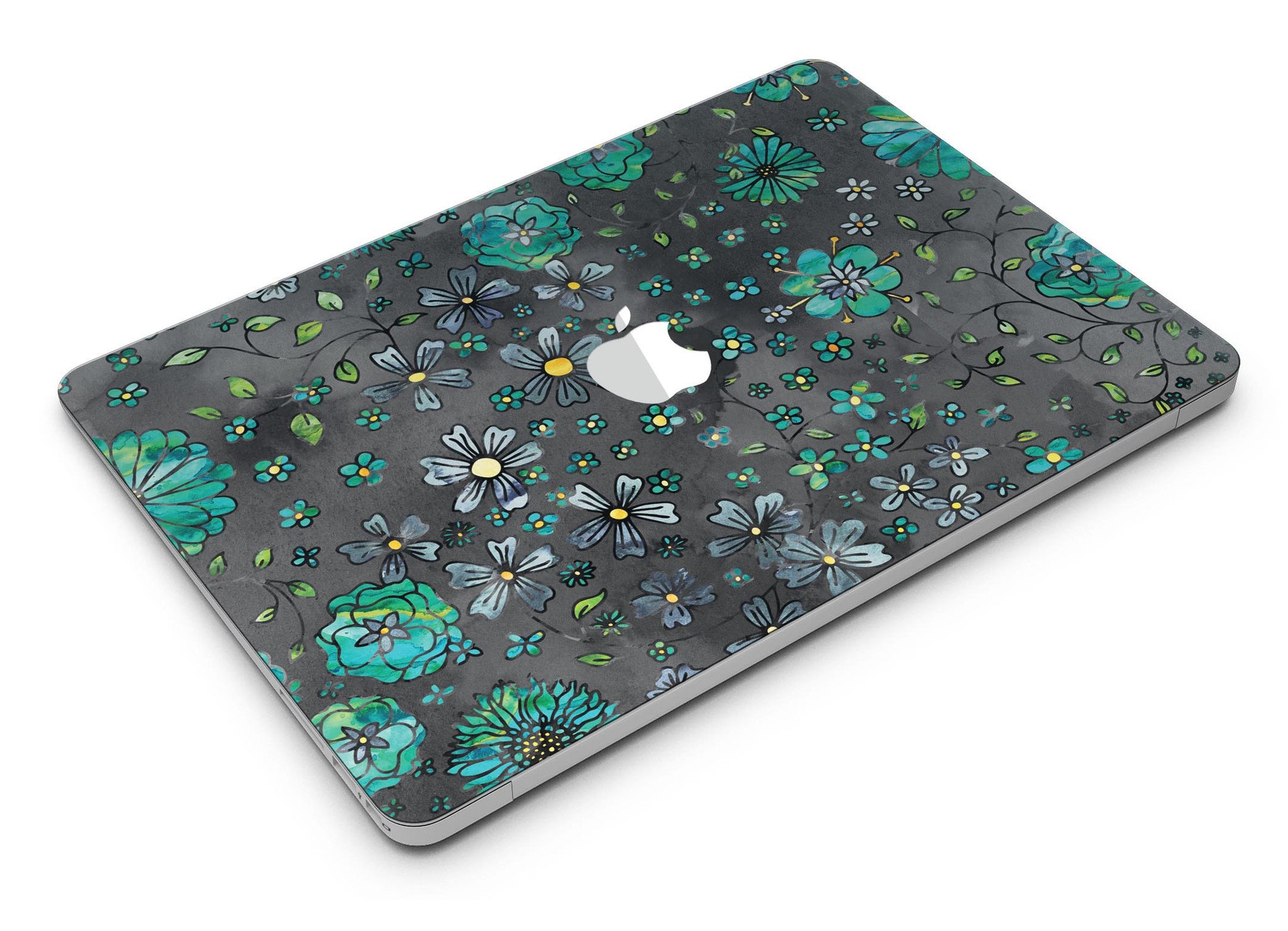 Floral pattern skin for MacBook Air featuring a black watercolor background, showcasing vibrant flowers and a sleek design.