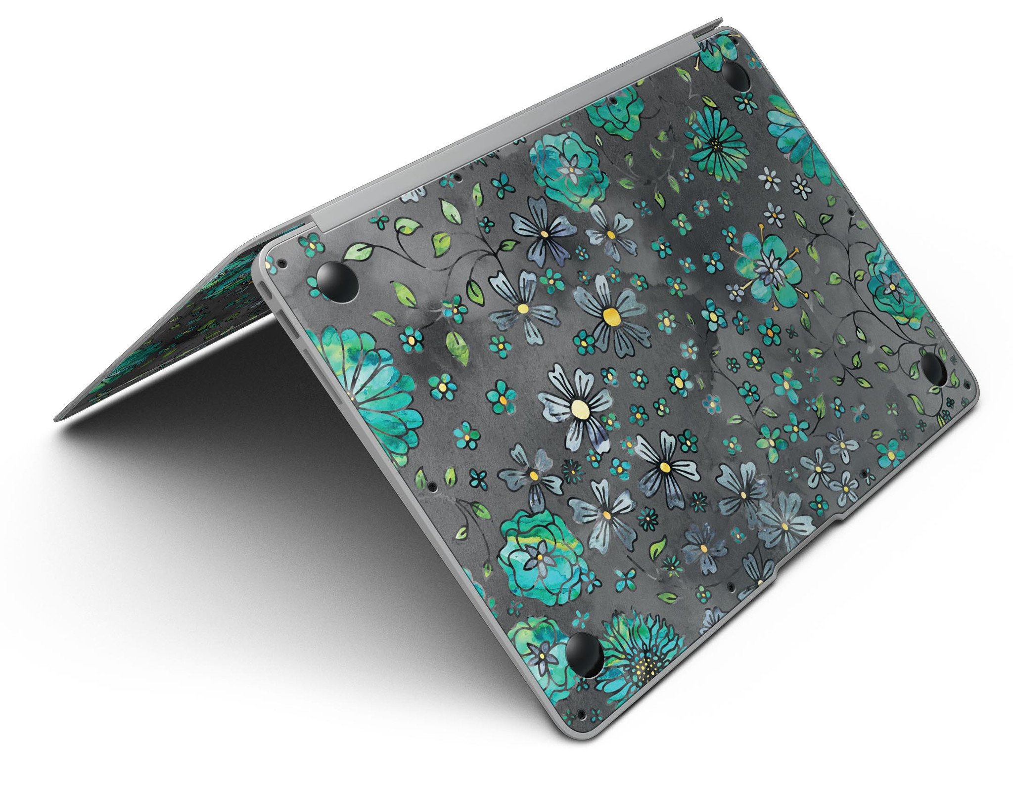 Floral pattern skin for MacBook Air featuring a black watercolor background, showcasing vibrant flowers and a sleek design.