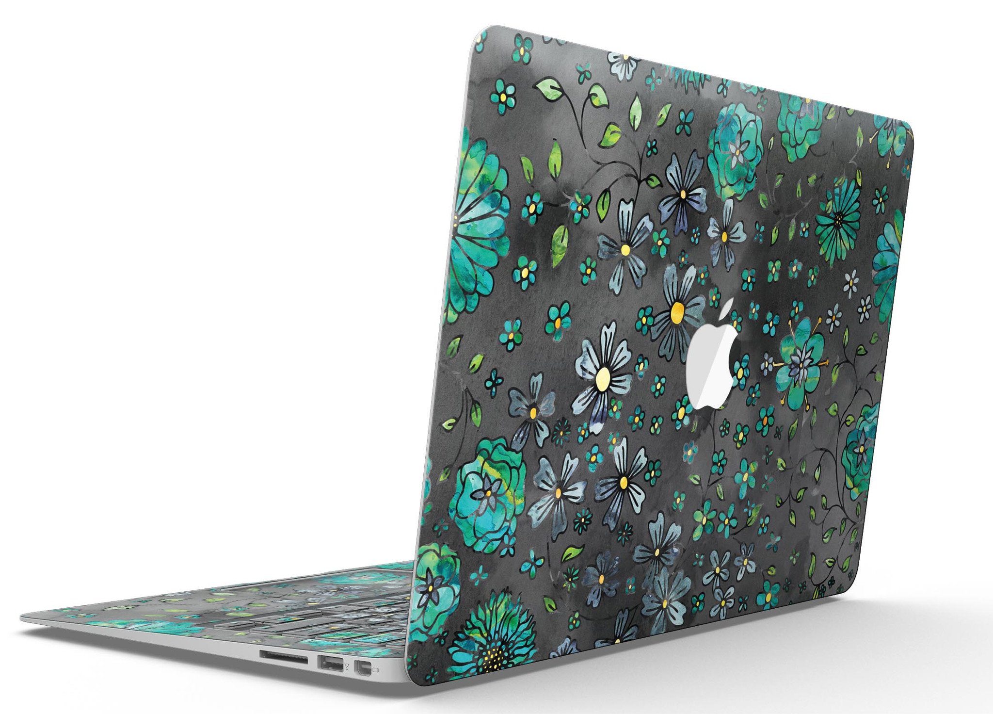 Floral pattern skin for MacBook Air featuring a black watercolor background, showcasing vibrant flowers and a sleek design.