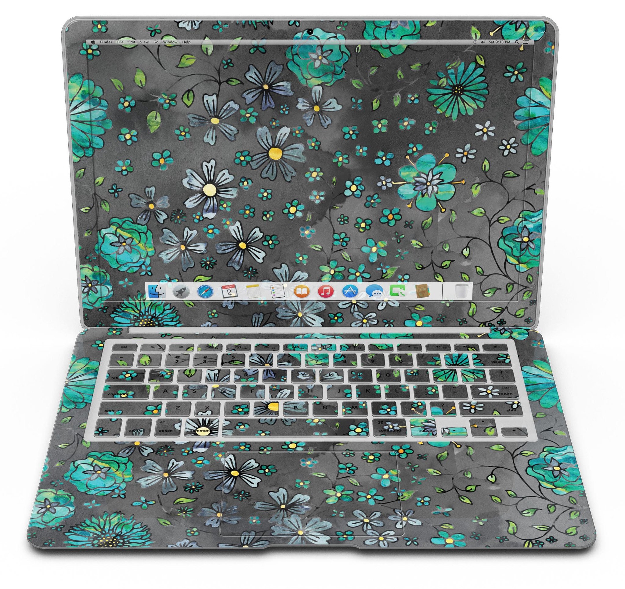 Floral pattern skin for MacBook Air featuring a black watercolor background, showcasing vibrant flowers and a sleek design.