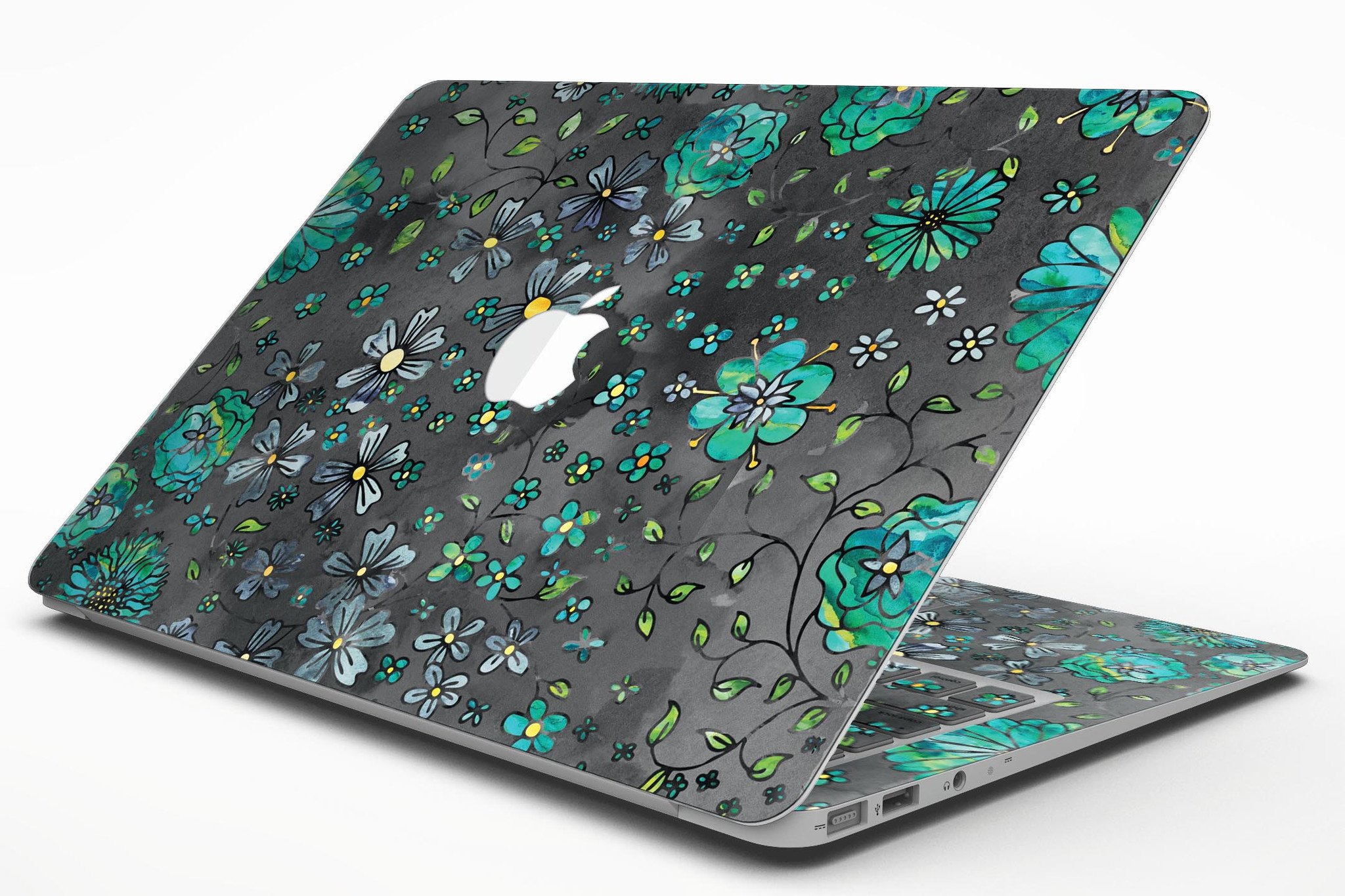 Floral pattern skin for MacBook Air featuring a black watercolor background, showcasing vibrant flowers and a sleek design.