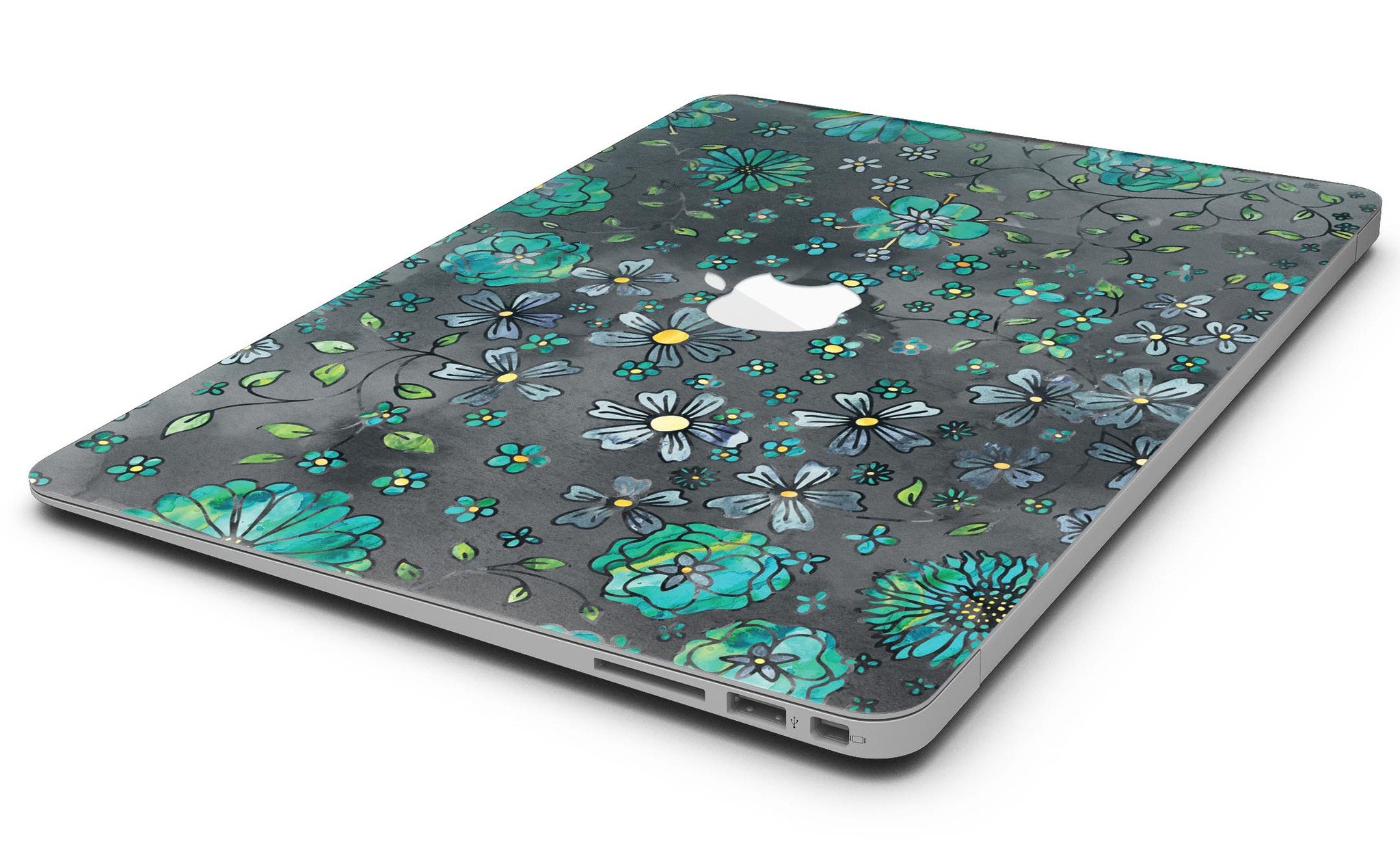 Floral pattern skin for MacBook Air featuring a black watercolor background, showcasing vibrant flowers and a sleek design.