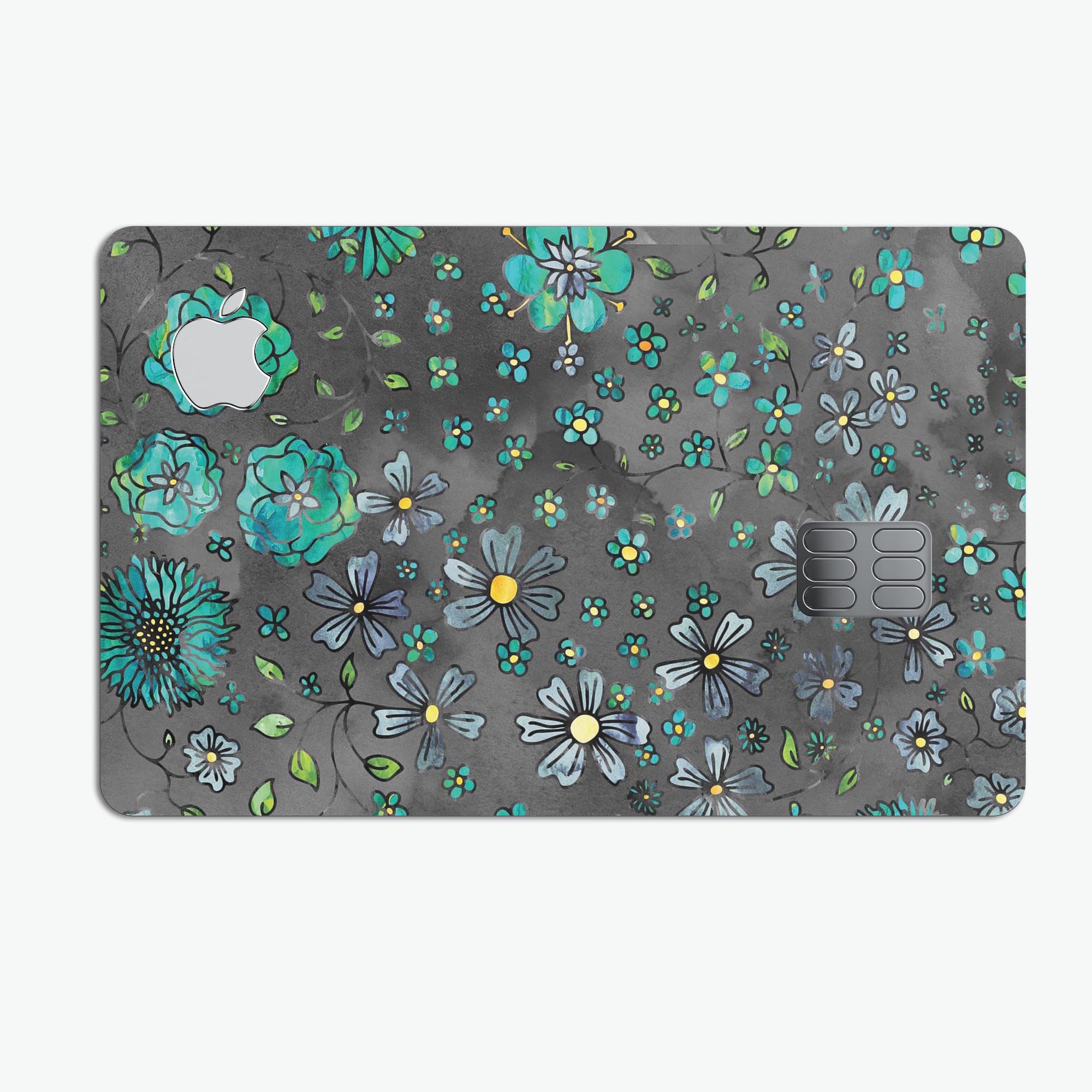 Floral pattern decal skin on a black watercolor background, designed for Apple Card protection.