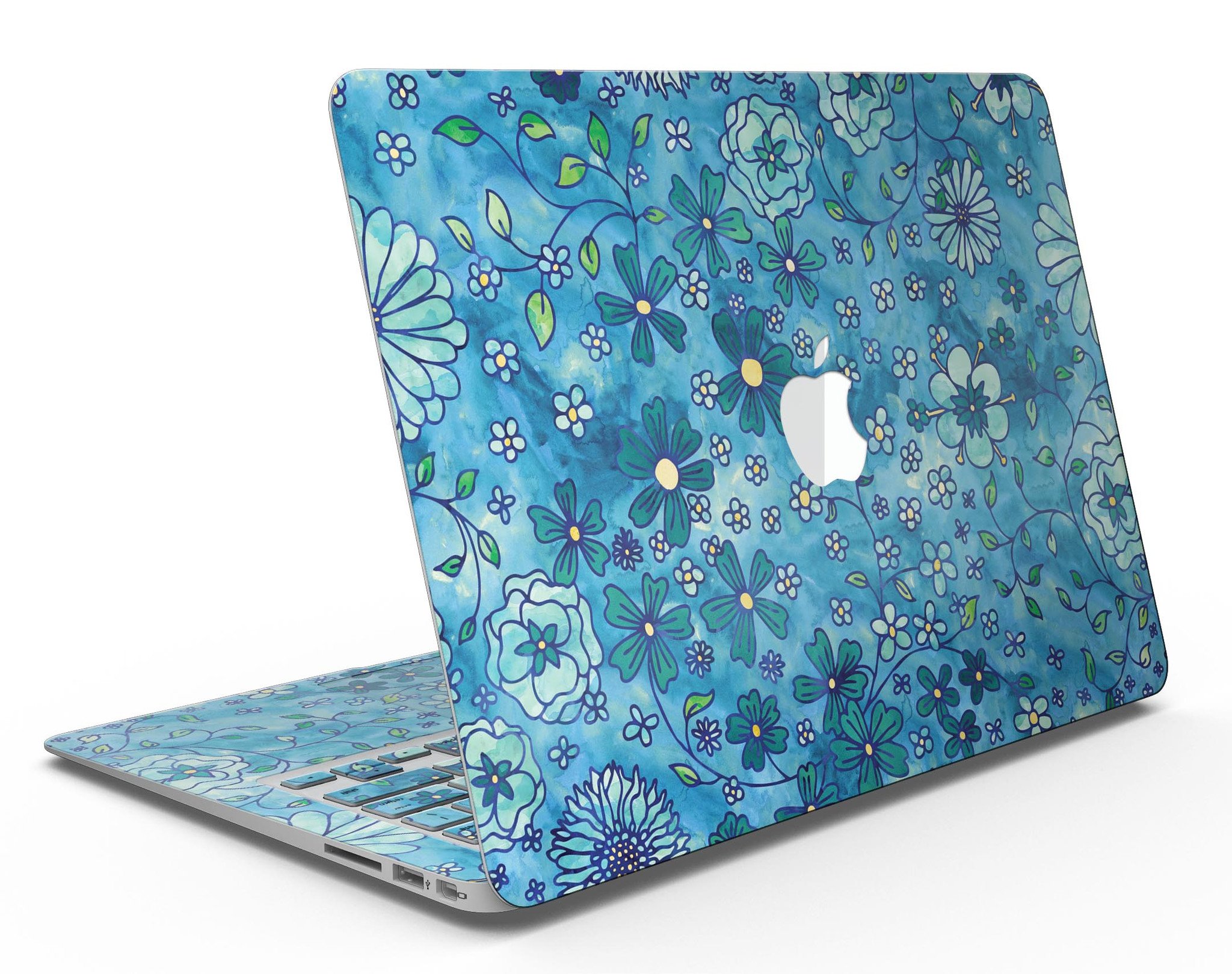 Floral pattern skin on a blue watercolor background for MacBook Air, showcasing vibrant colors and intricate floral designs.