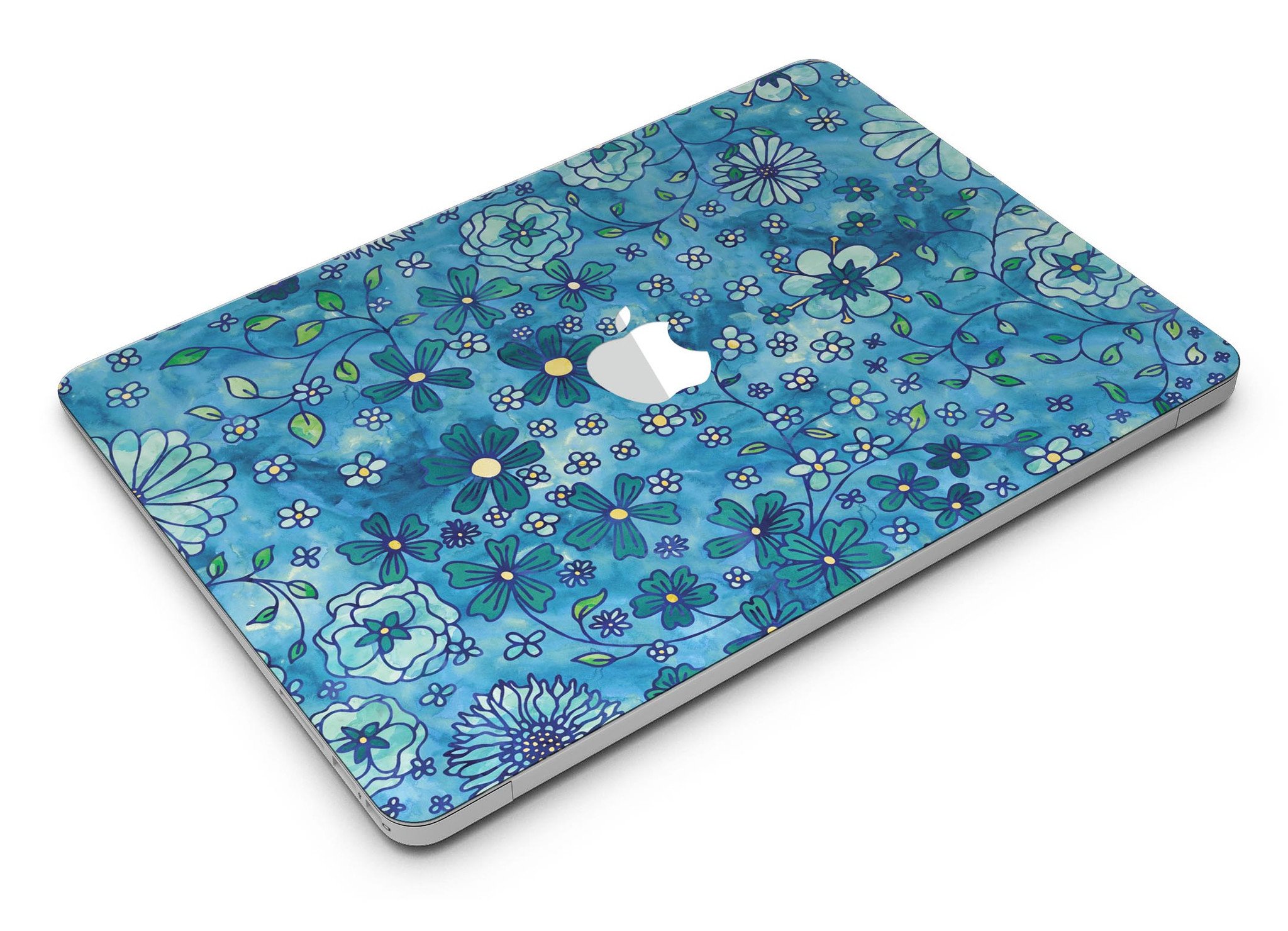 Floral pattern skin on a blue watercolor background for MacBook Air, showcasing vibrant colors and intricate floral designs.