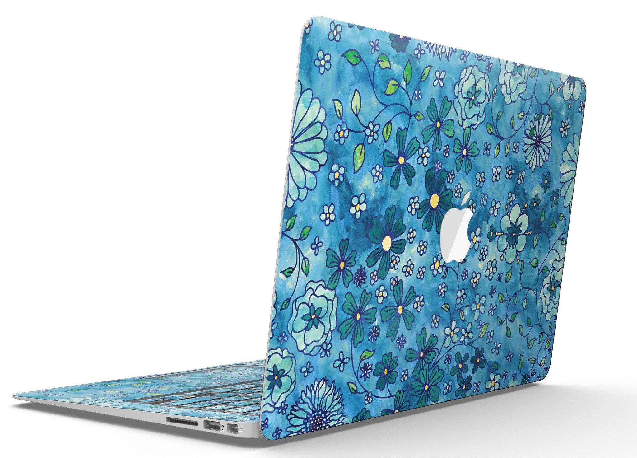 Floral pattern skin on a blue watercolor background for MacBook Air, showcasing vibrant colors and intricate floral designs.