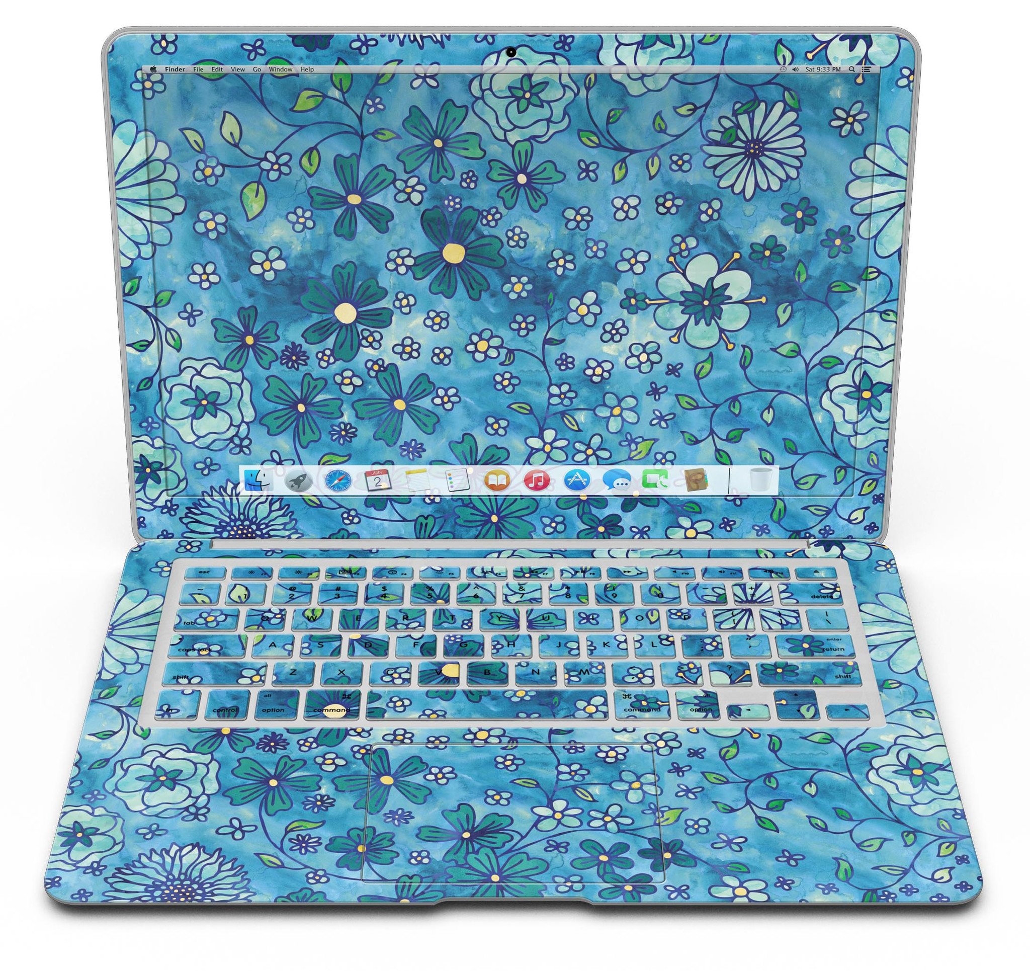 Floral pattern skin on a blue watercolor background for MacBook Air, showcasing vibrant colors and intricate floral designs.