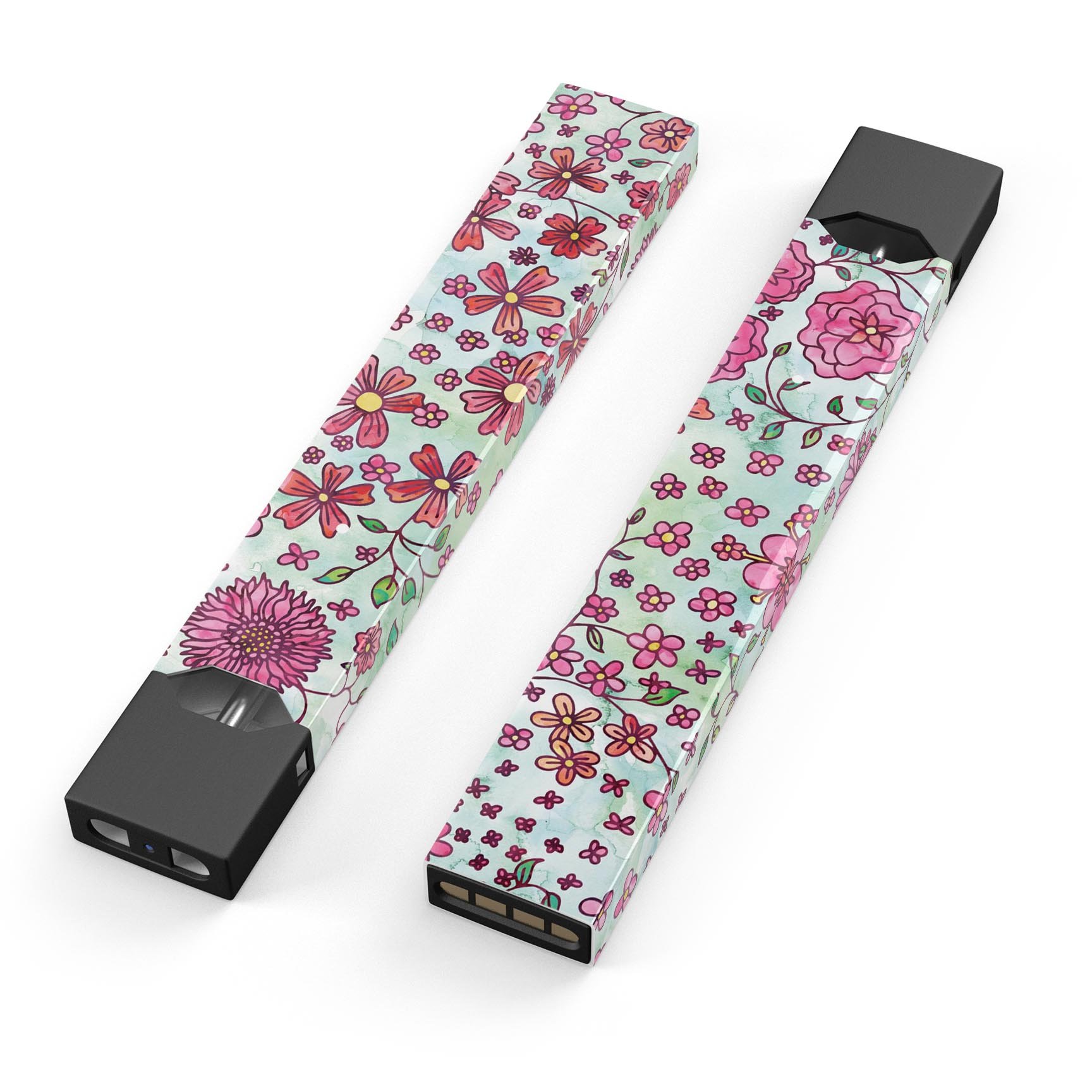 Floral pattern decal on light green watercolor background for JUUL vaping device, showcasing vibrant colors and intricate design.