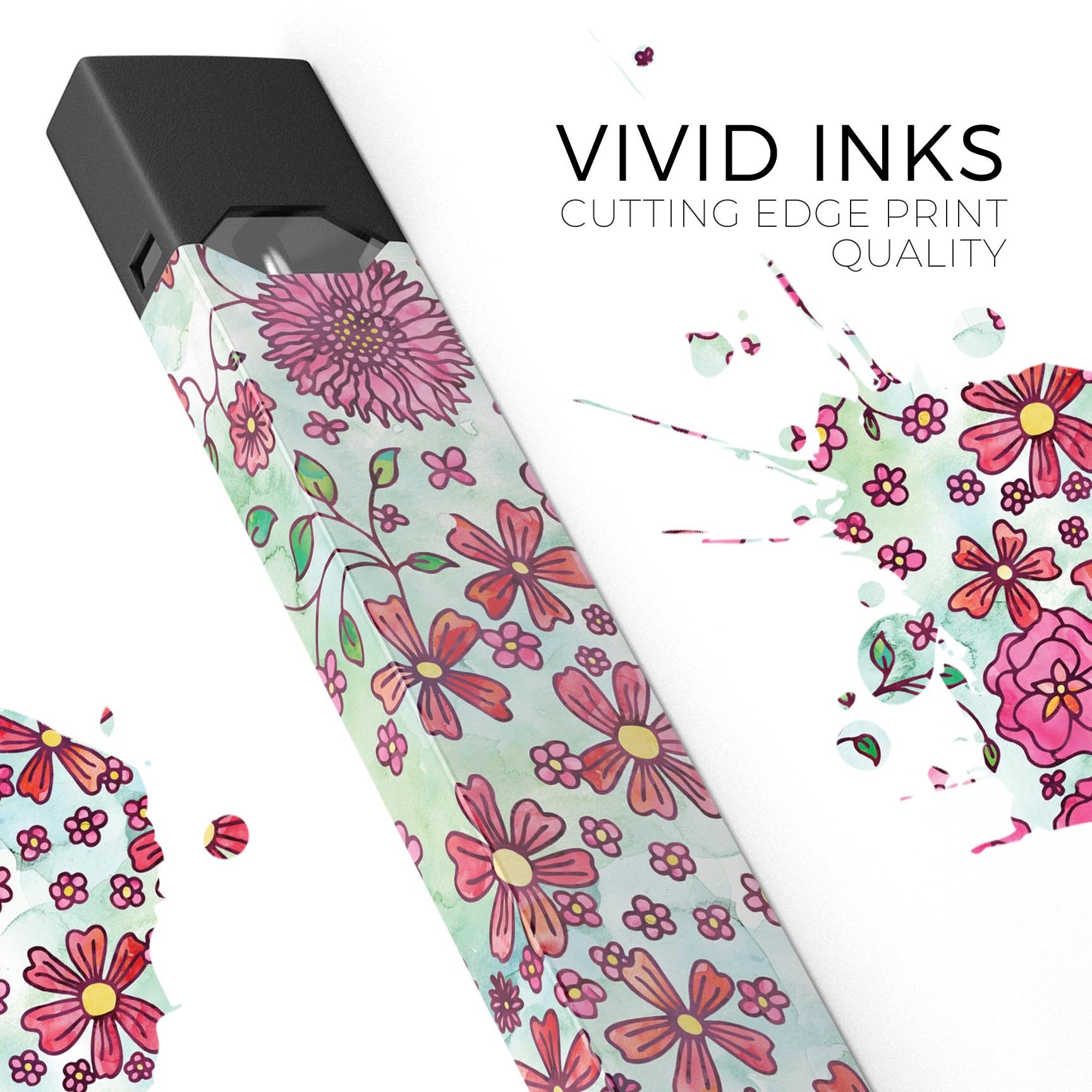 Floral pattern decal on light green watercolor background for JUUL vaping device, showcasing vibrant colors and intricate design.