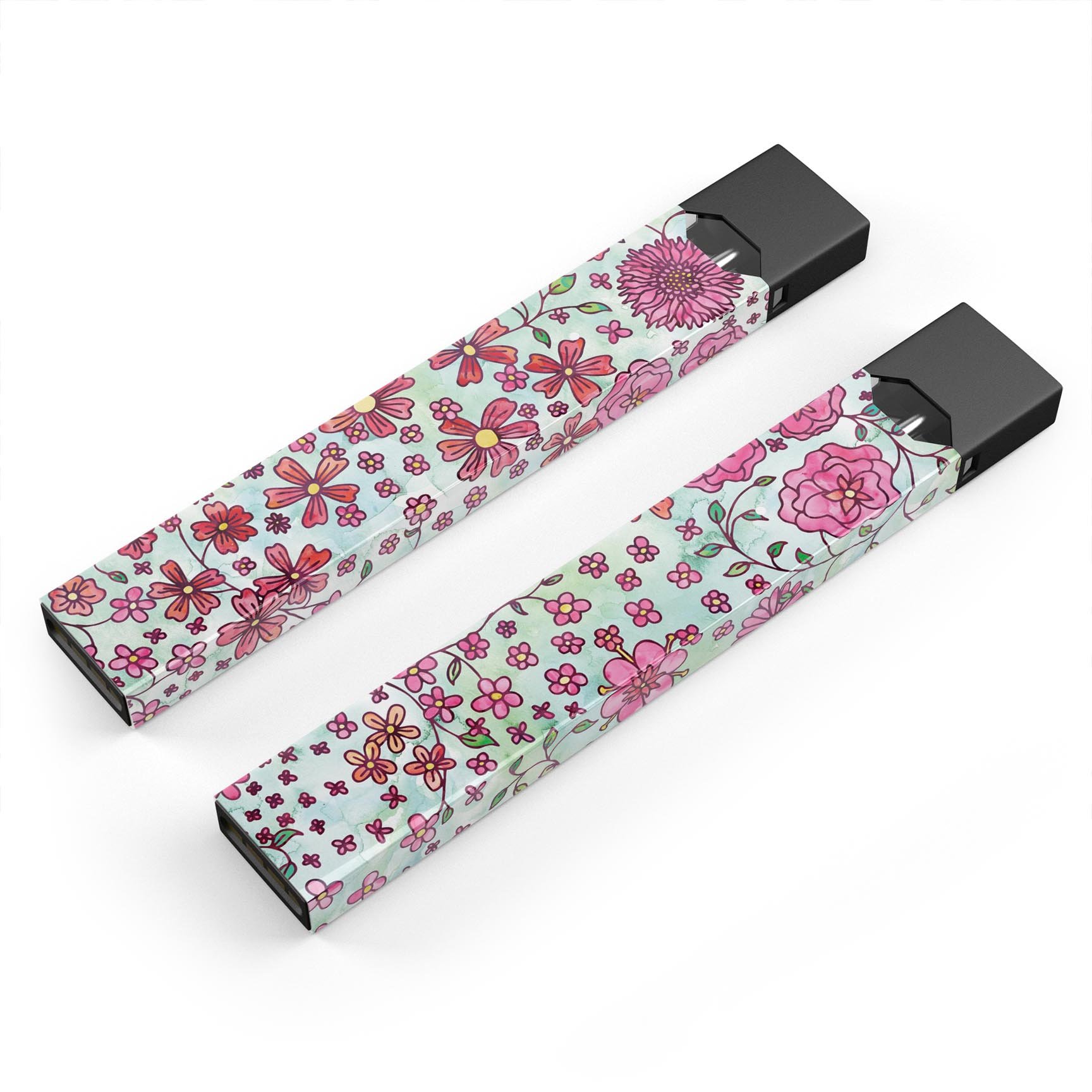 Floral pattern decal on light green watercolor background for JUUL vaping device, showcasing vibrant colors and intricate design.