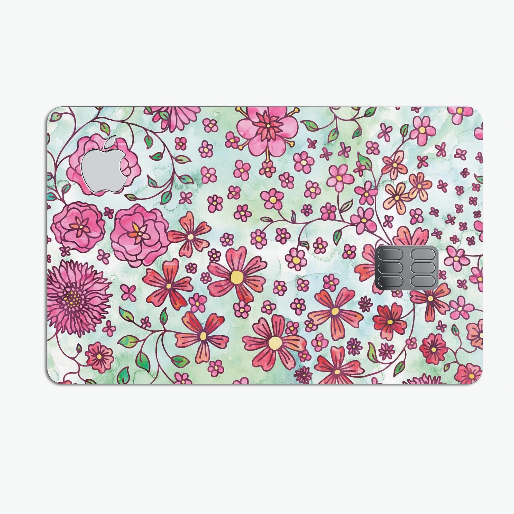 Floral pattern decal on light green watercolor background, designed for Apple Card protection.