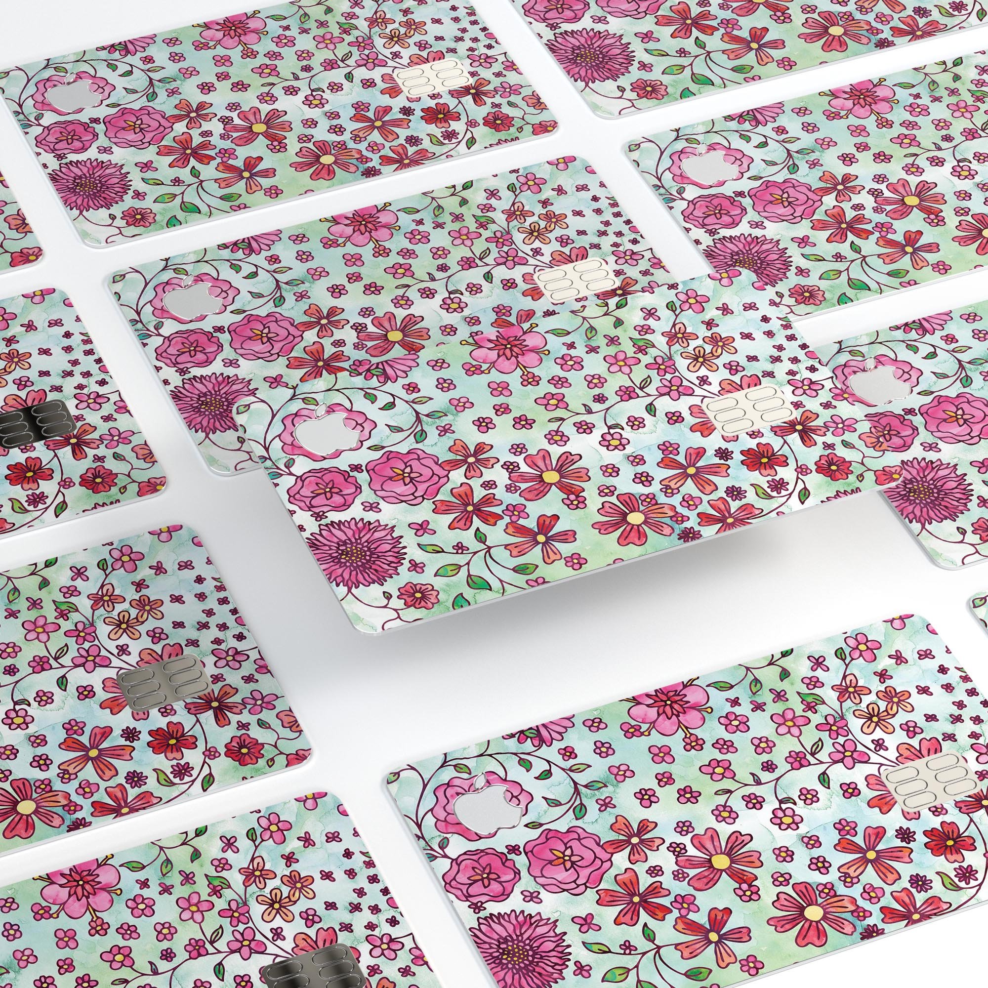 Floral pattern decal on light green watercolor background, designed for Apple Card protection.