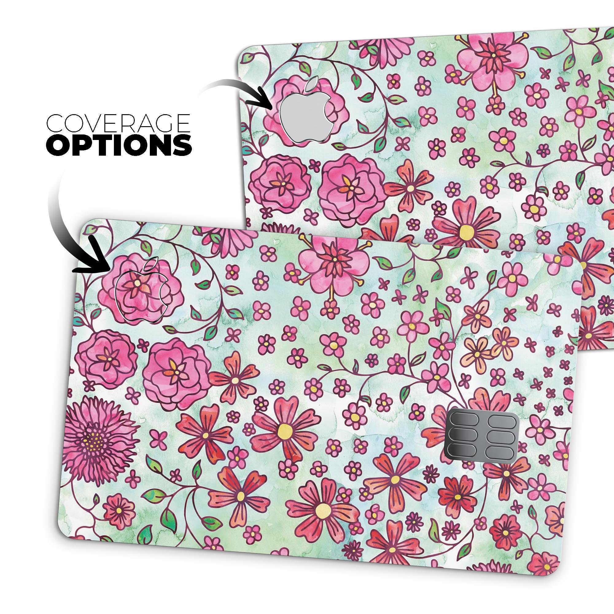 Floral pattern decal on light green watercolor background, designed for Apple Card protection.