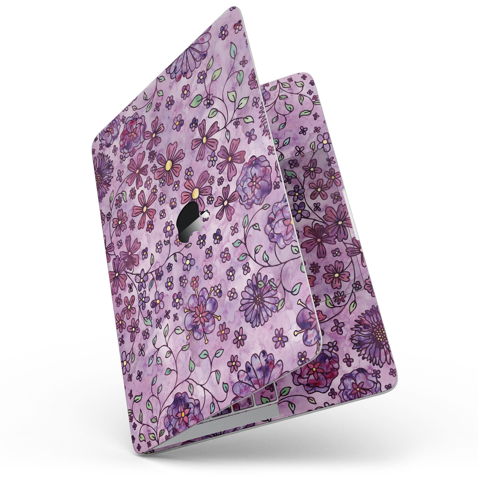 Floral pattern skin on a 13-inch MacBook Pro without Touch Bar, featuring a vibrant purple watercolor background.