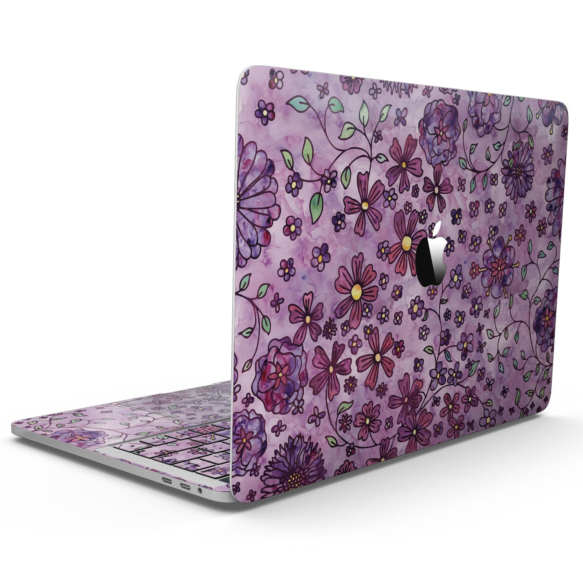 Floral pattern skin on a 13-inch MacBook Pro without Touch Bar, featuring a vibrant purple watercolor background.