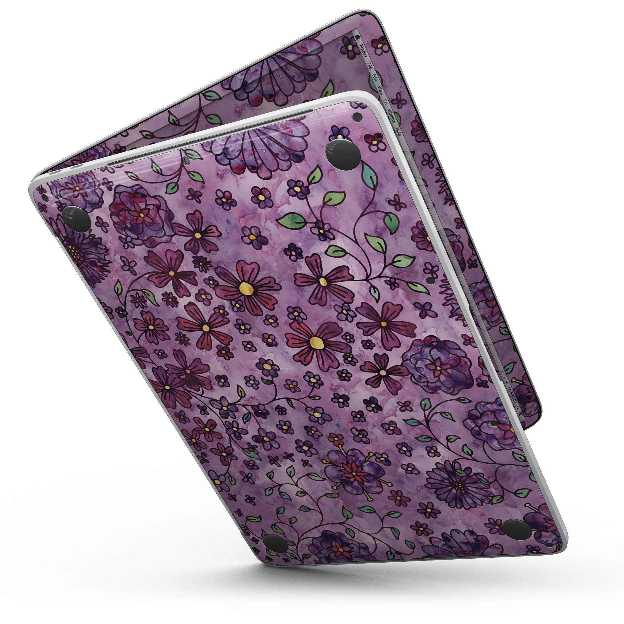 Floral pattern skin on a 13-inch MacBook Pro without Touch Bar, featuring a vibrant purple watercolor background.