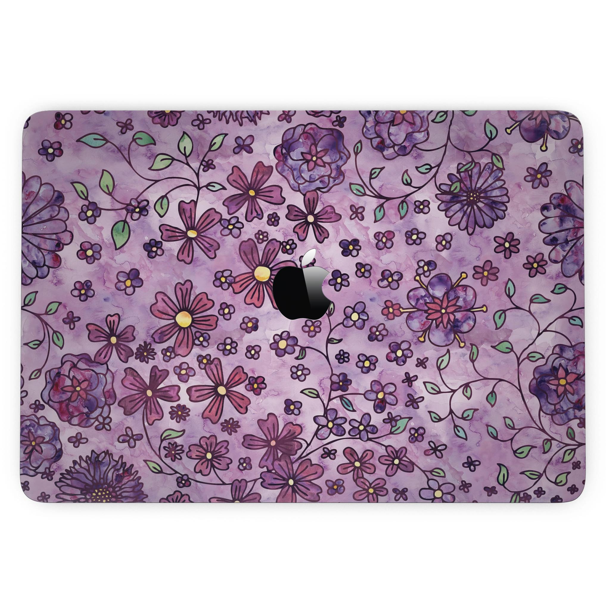 Floral pattern skin on a 13-inch MacBook Pro without Touch Bar, featuring a vibrant purple watercolor background.