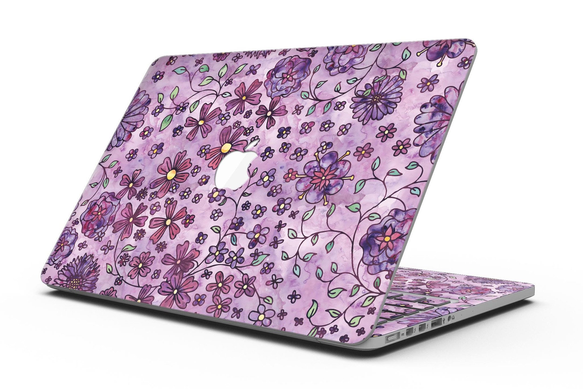 Floral pattern skin on a purple watercolor background for MacBook Pro with Retina Display, showcasing vibrant colors and intricate design.