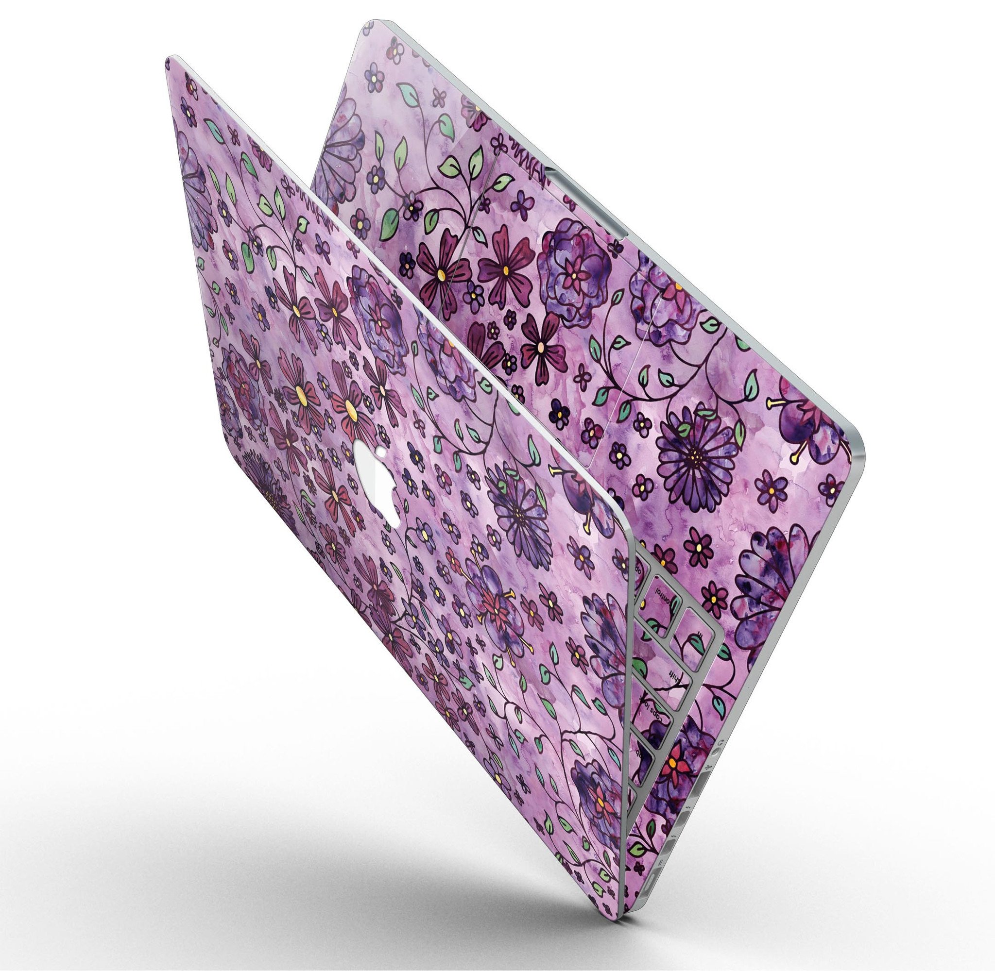 Floral pattern skin on a purple watercolor background for MacBook Pro with Retina Display, showcasing vibrant colors and intricate design.