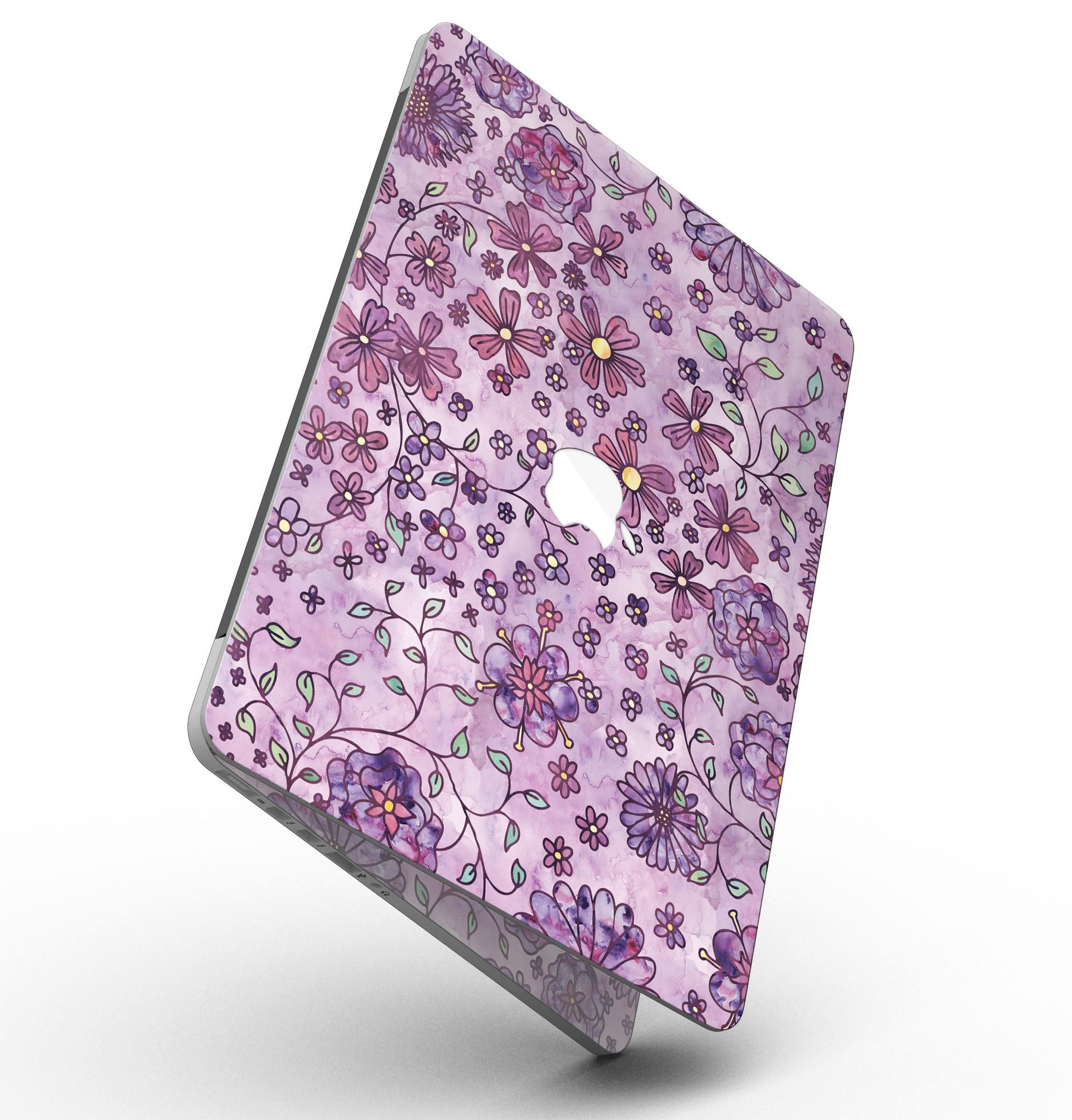 Floral pattern skin on a purple watercolor background for MacBook Pro with Retina Display, showcasing vibrant colors and intricate design.