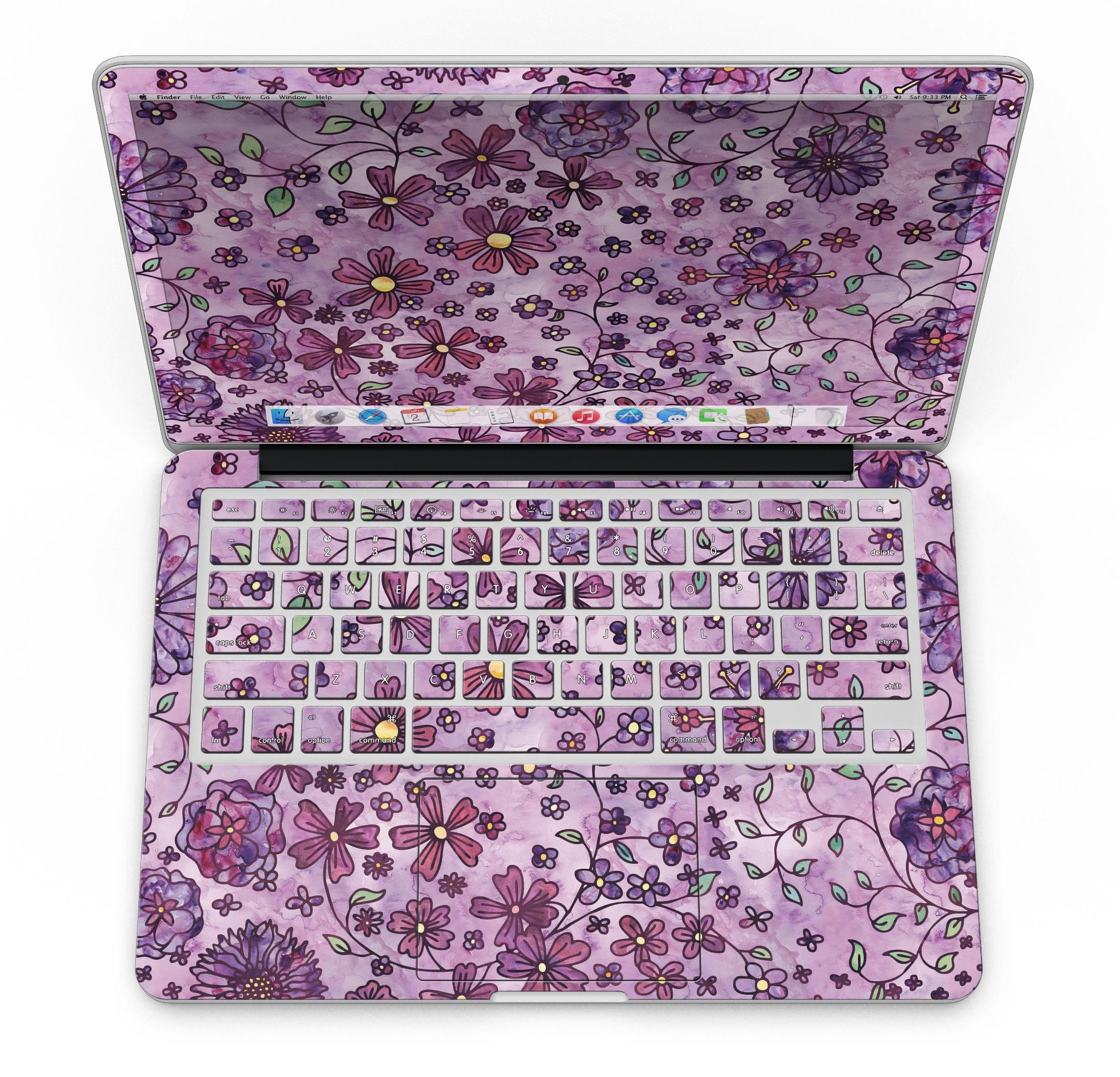 Floral pattern skin on a purple watercolor background for MacBook Pro with Retina Display, showcasing vibrant colors and intricate design.