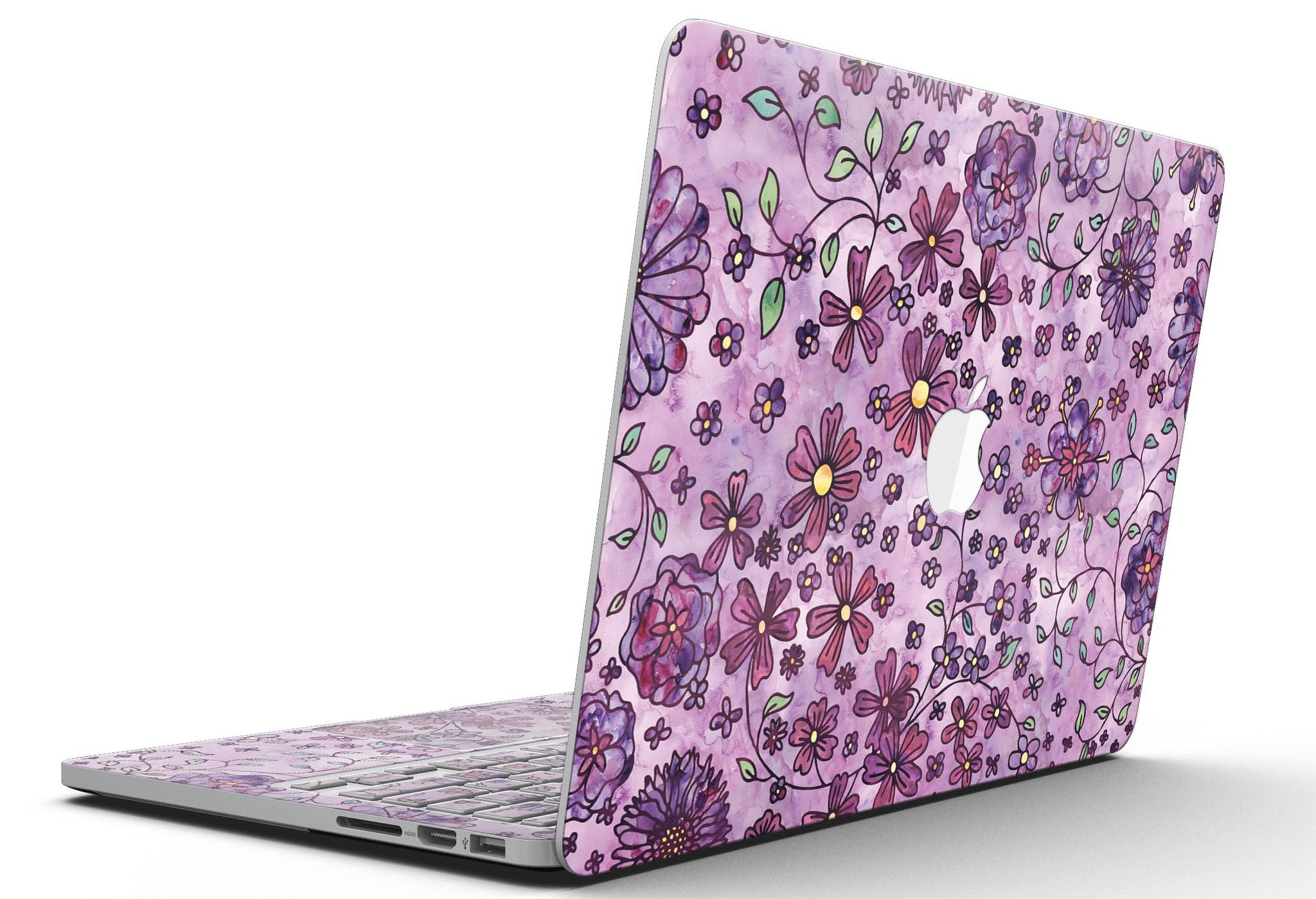 Floral pattern skin on a purple watercolor background for MacBook Pro with Retina Display, showcasing vibrant colors and intricate design.