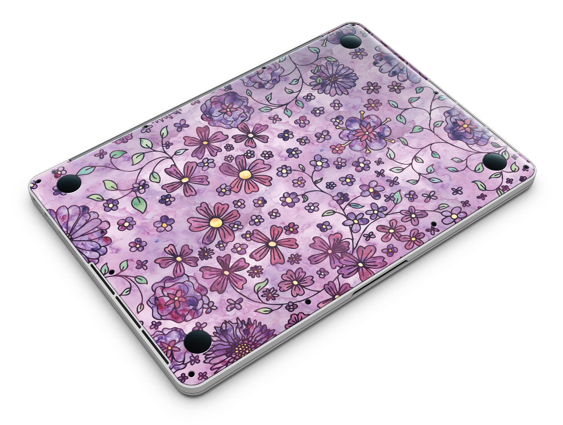 Floral pattern skin on a purple watercolor background for MacBook Pro with Retina Display, showcasing vibrant colors and intricate design.