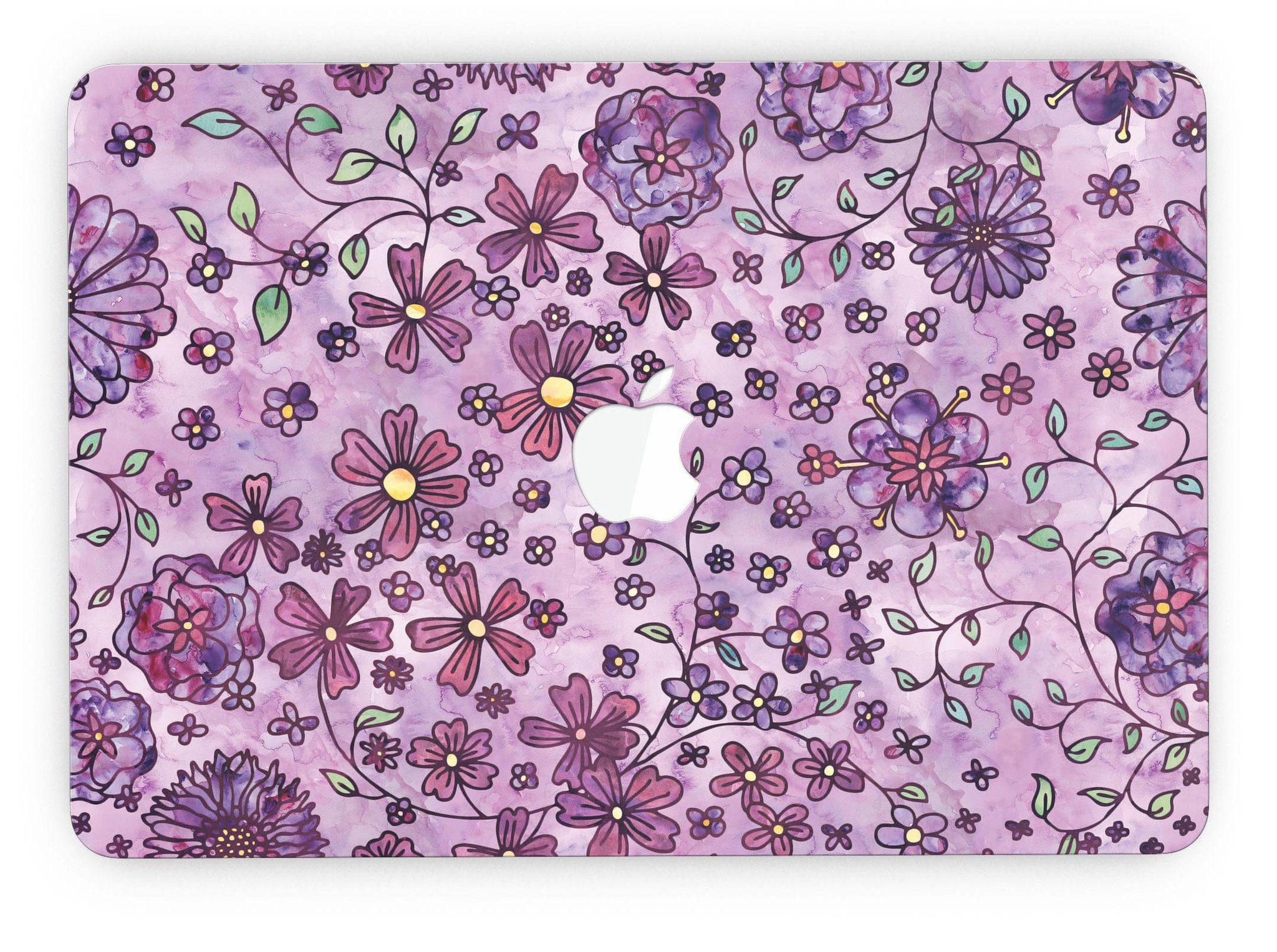 Floral pattern skin on a purple watercolor background for MacBook Pro with Retina Display, showcasing vibrant colors and intricate design.