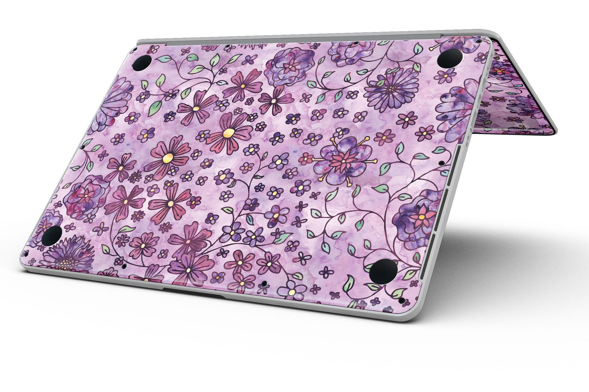 Floral pattern skin on a purple watercolor background for MacBook Pro with Retina Display, showcasing vibrant colors and intricate design.