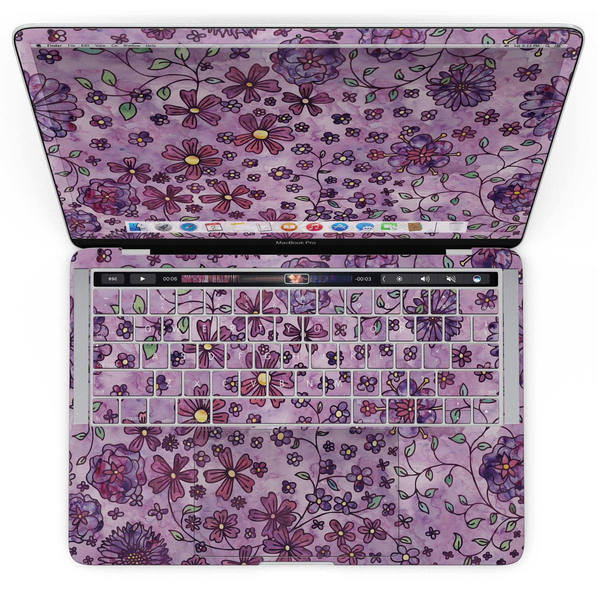 Floral pattern skin for MacBook Pro with Touch Bar, featuring a vibrant purple watercolor background and intricate floral designs.