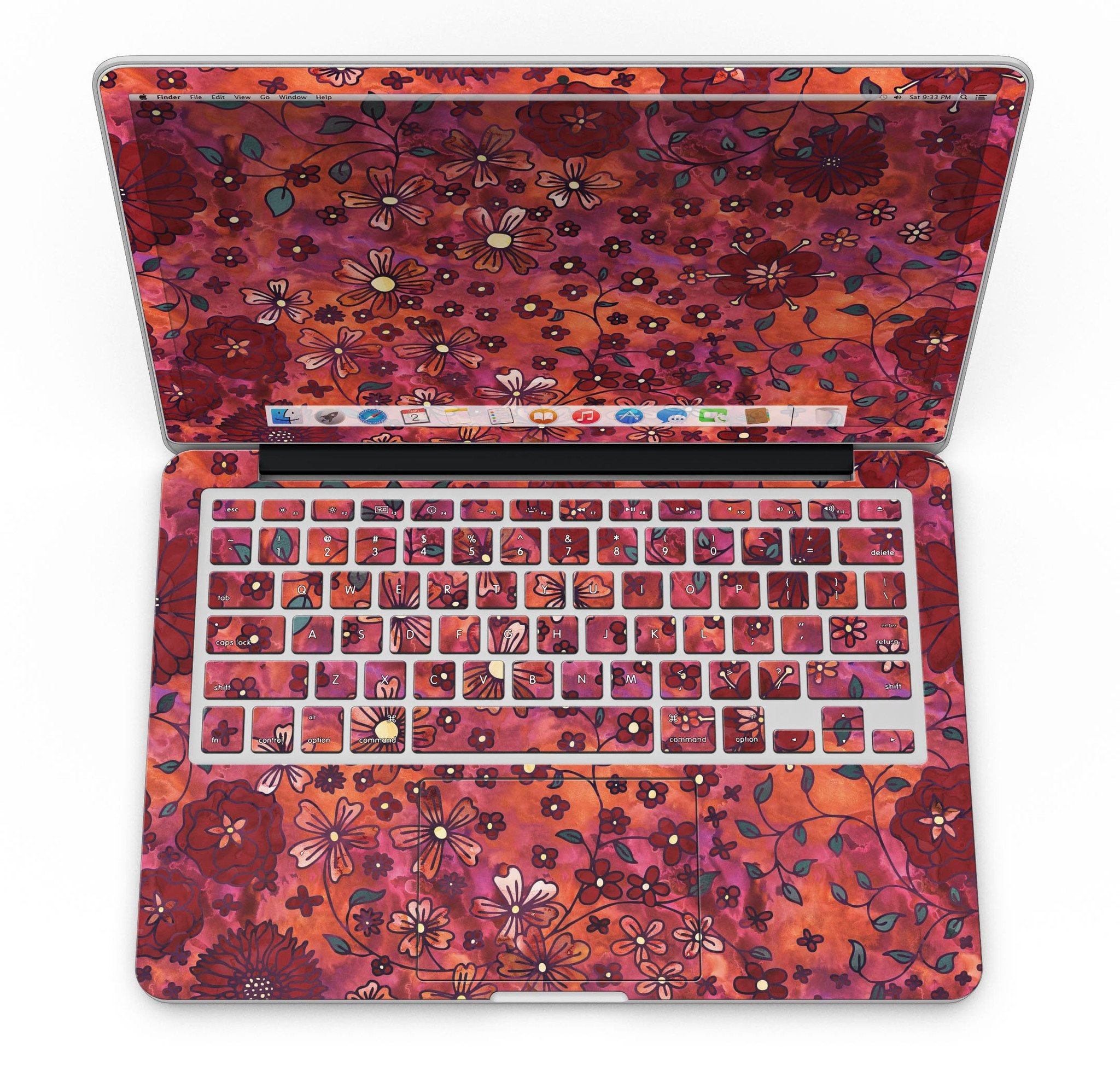 Floral pattern skin on a MacBook Pro with Retina Display, showcasing vibrant red watercolor design.