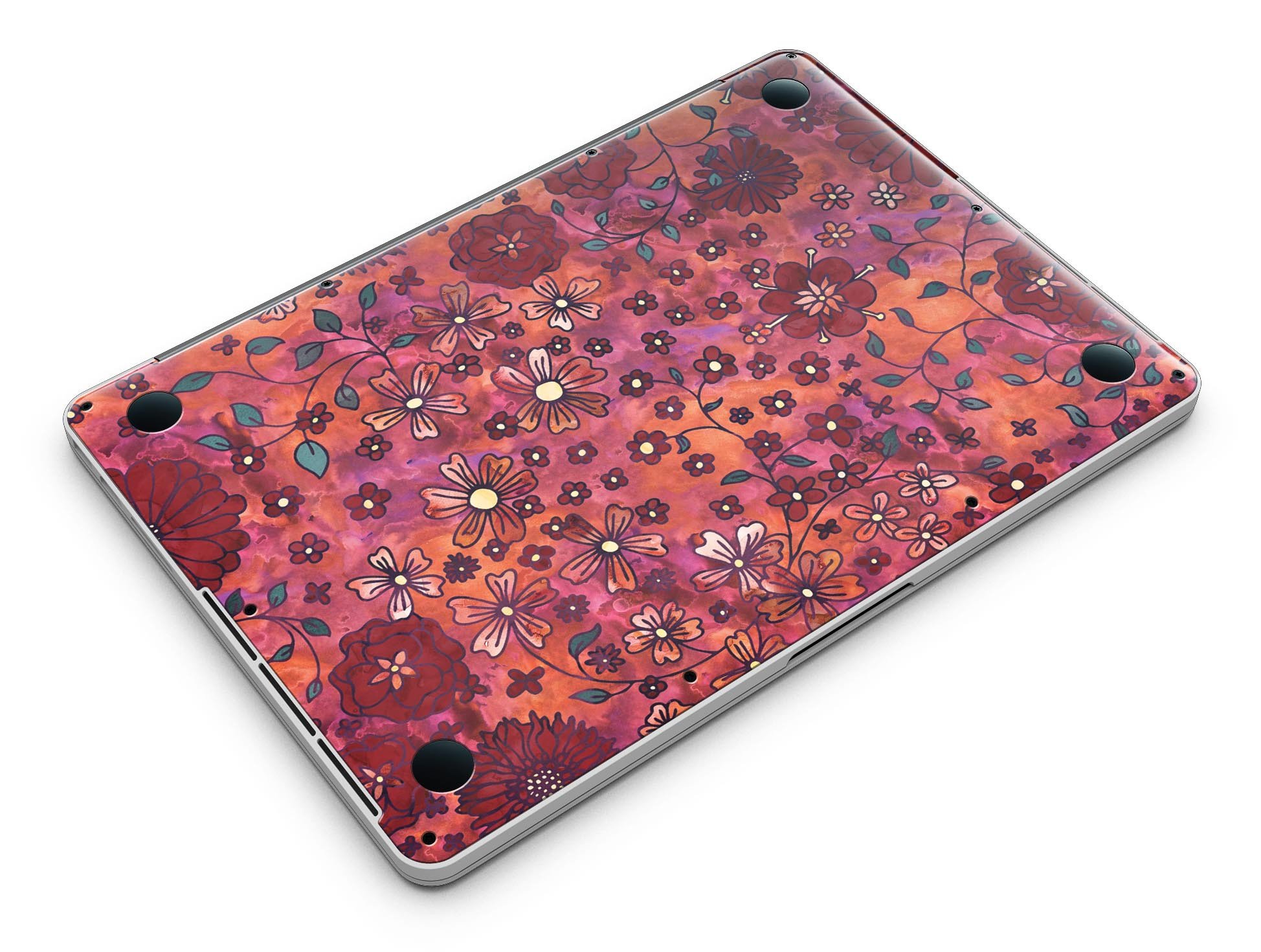 Floral pattern skin on a MacBook Pro with Retina Display, showcasing vibrant red watercolor design.