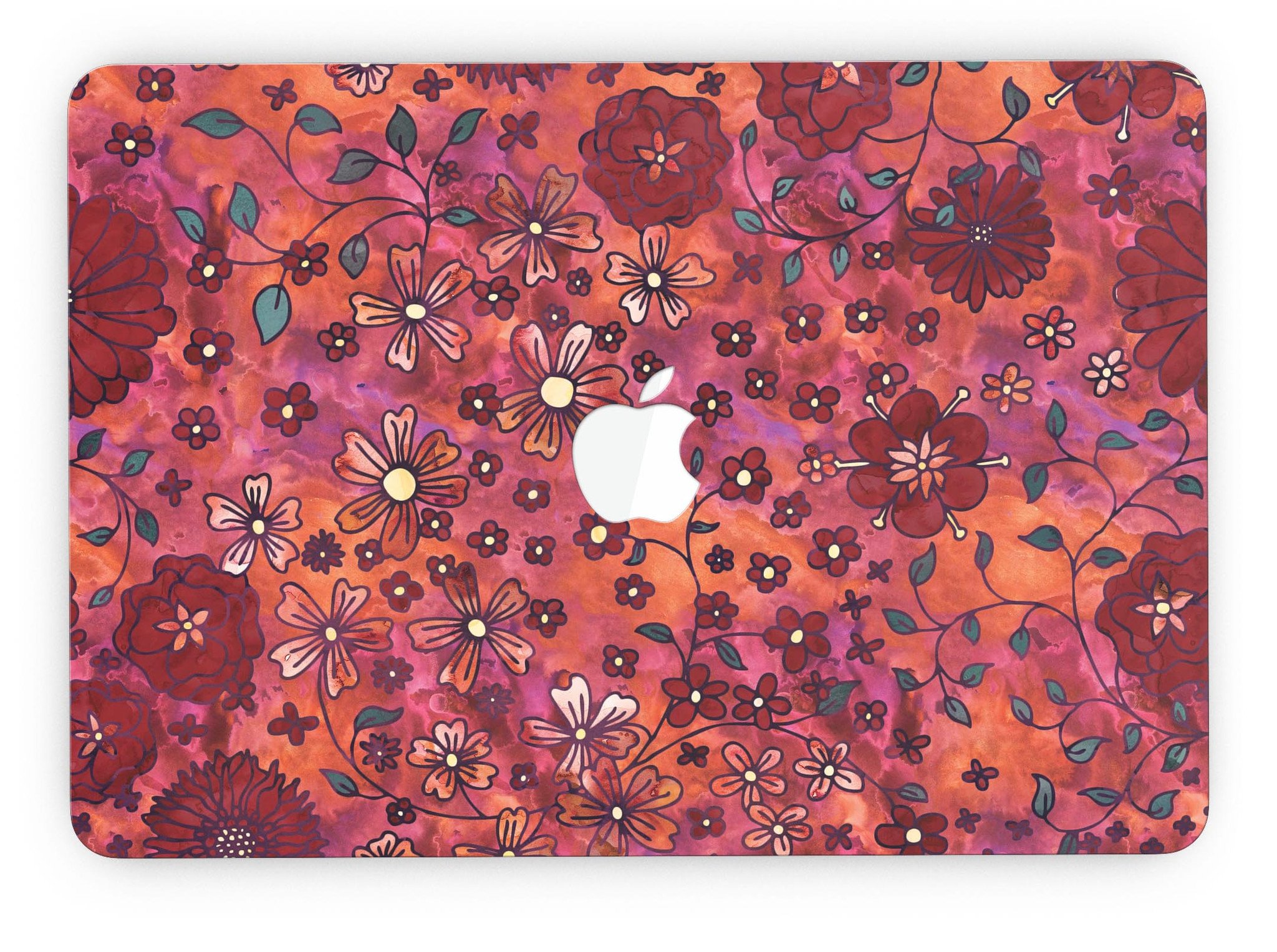 Floral pattern skin on a MacBook Pro with Retina Display, showcasing vibrant red watercolor design.