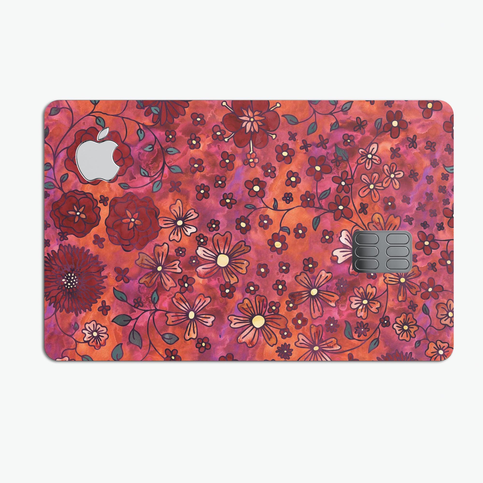 Floral Pattern on Red Watercolor decal skin for Apple Card, showcasing vibrant colors and a protective design.