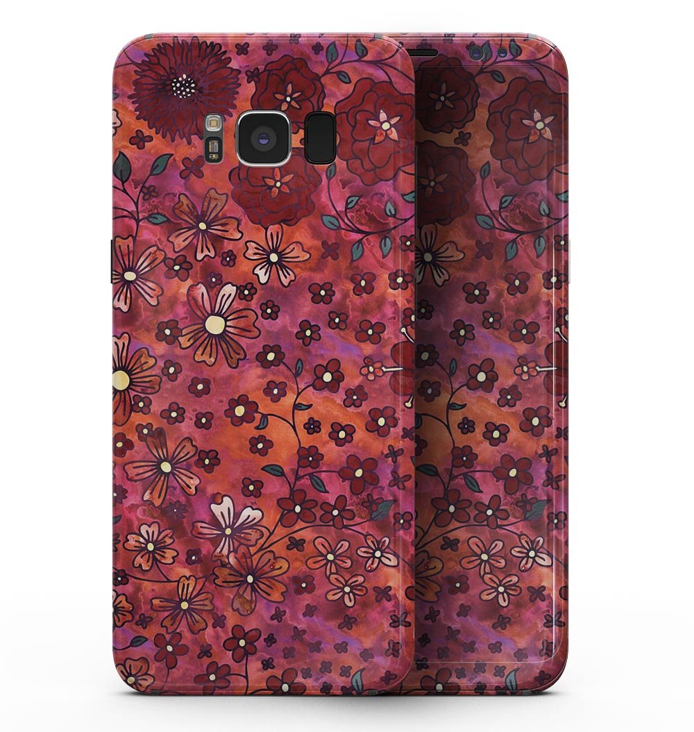 Samsung Galaxy S8 with a floral pattern skin featuring a vibrant red watercolor background, showcasing its stylish design.