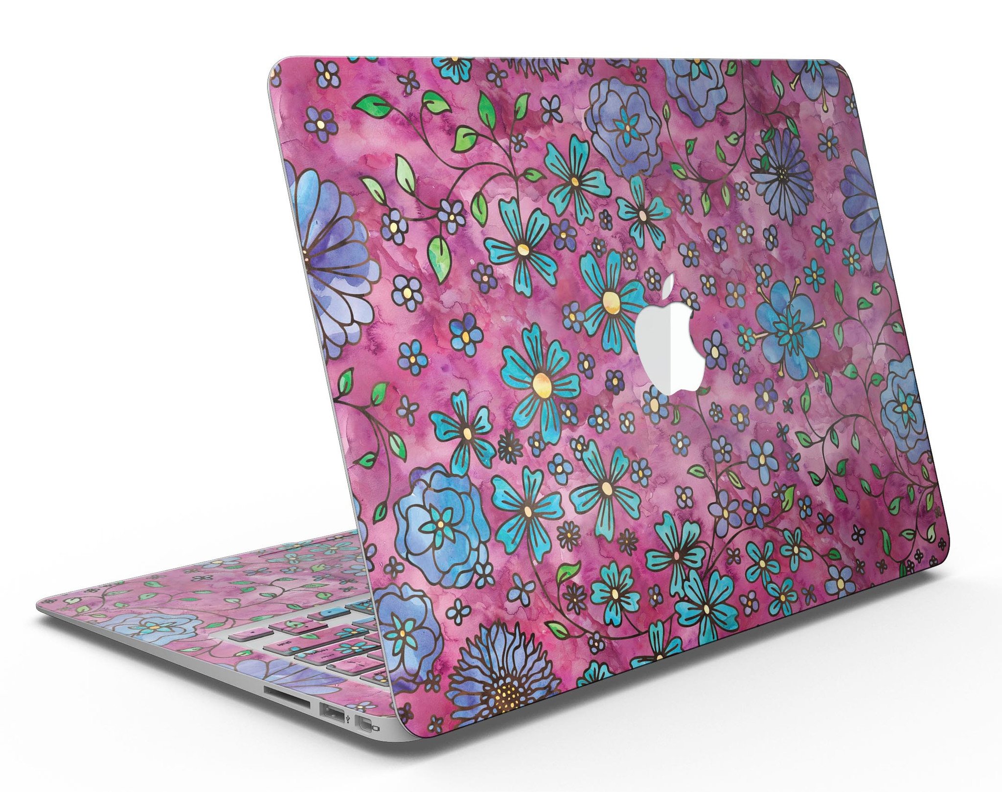 Floral Pattern on Wine Watercolor MacBook Air Skin Kit showcasing vibrant floral designs on a sleek laptop surface.