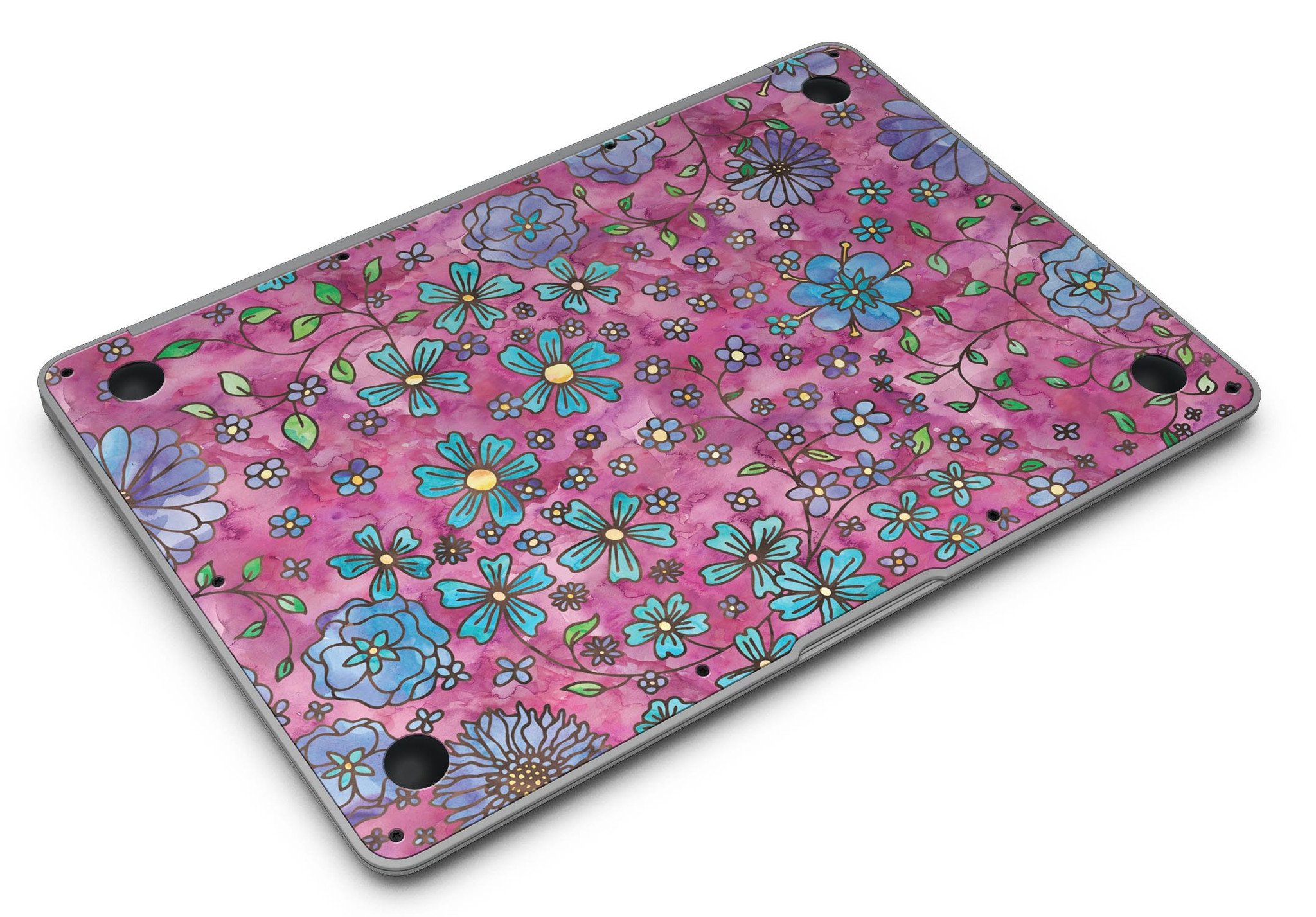 Floral Pattern on Wine Watercolor MacBook Air Skin Kit showcasing vibrant floral designs on a sleek laptop surface.