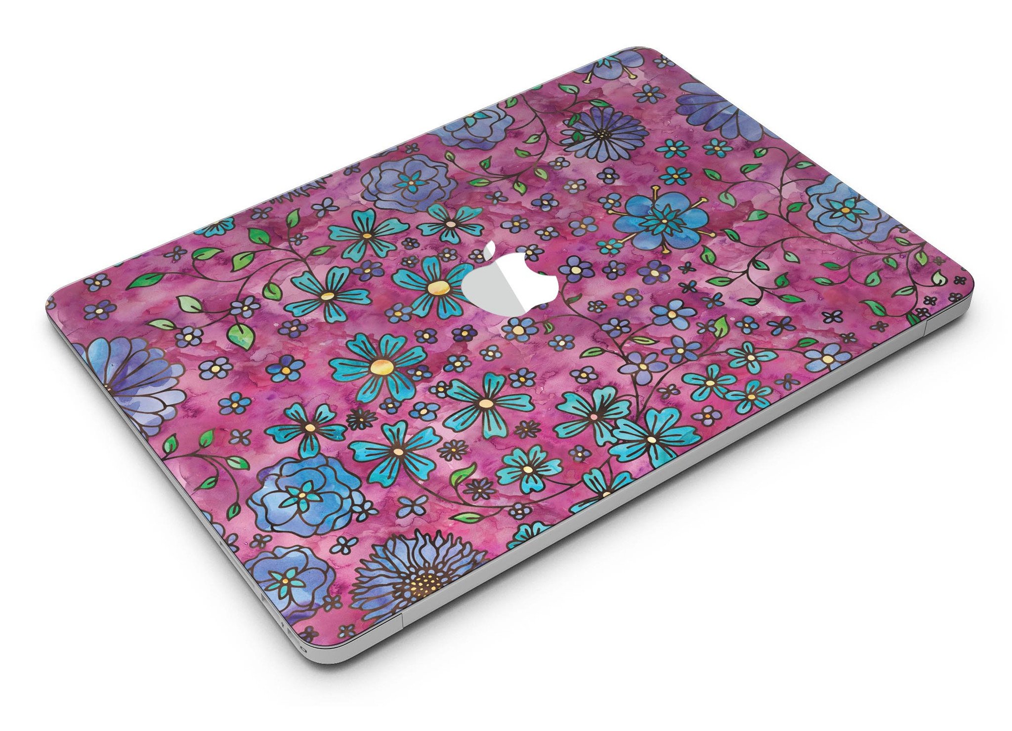 Floral Pattern on Wine Watercolor MacBook Air Skin Kit showcasing vibrant floral designs on a sleek laptop surface.