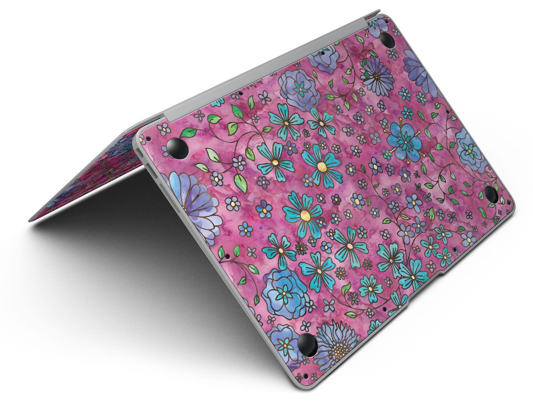 Floral Pattern on Wine Watercolor MacBook Air Skin Kit showcasing vibrant floral designs on a sleek laptop surface.