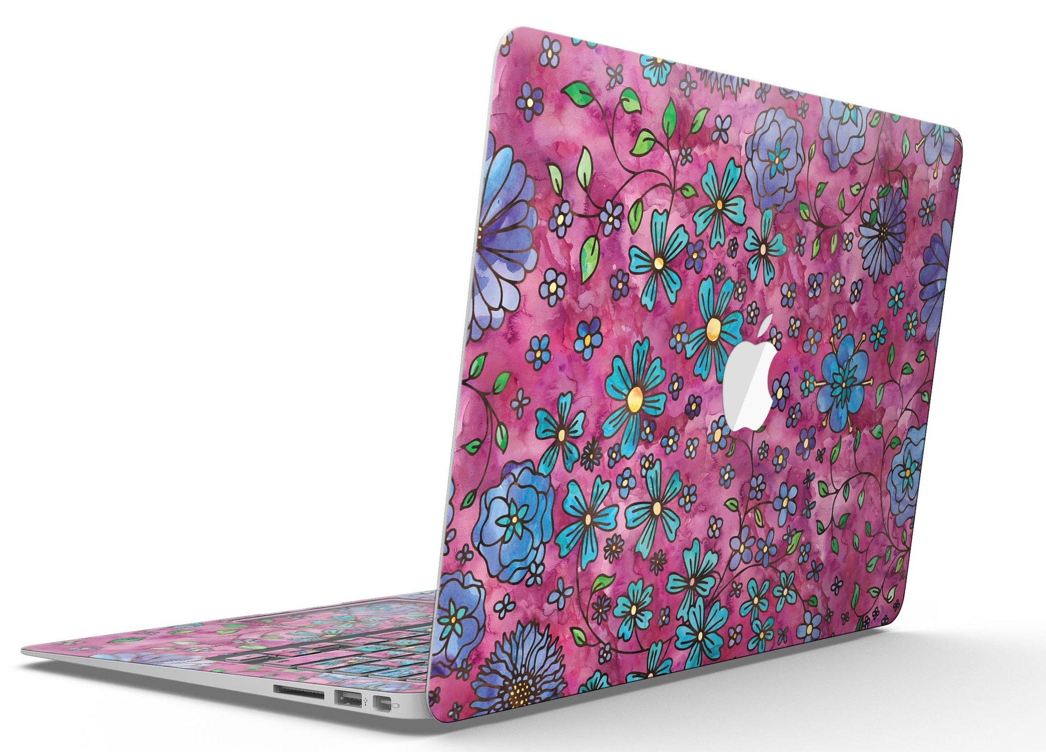 Floral Pattern on Wine Watercolor MacBook Air Skin Kit showcasing vibrant floral designs on a sleek laptop surface.