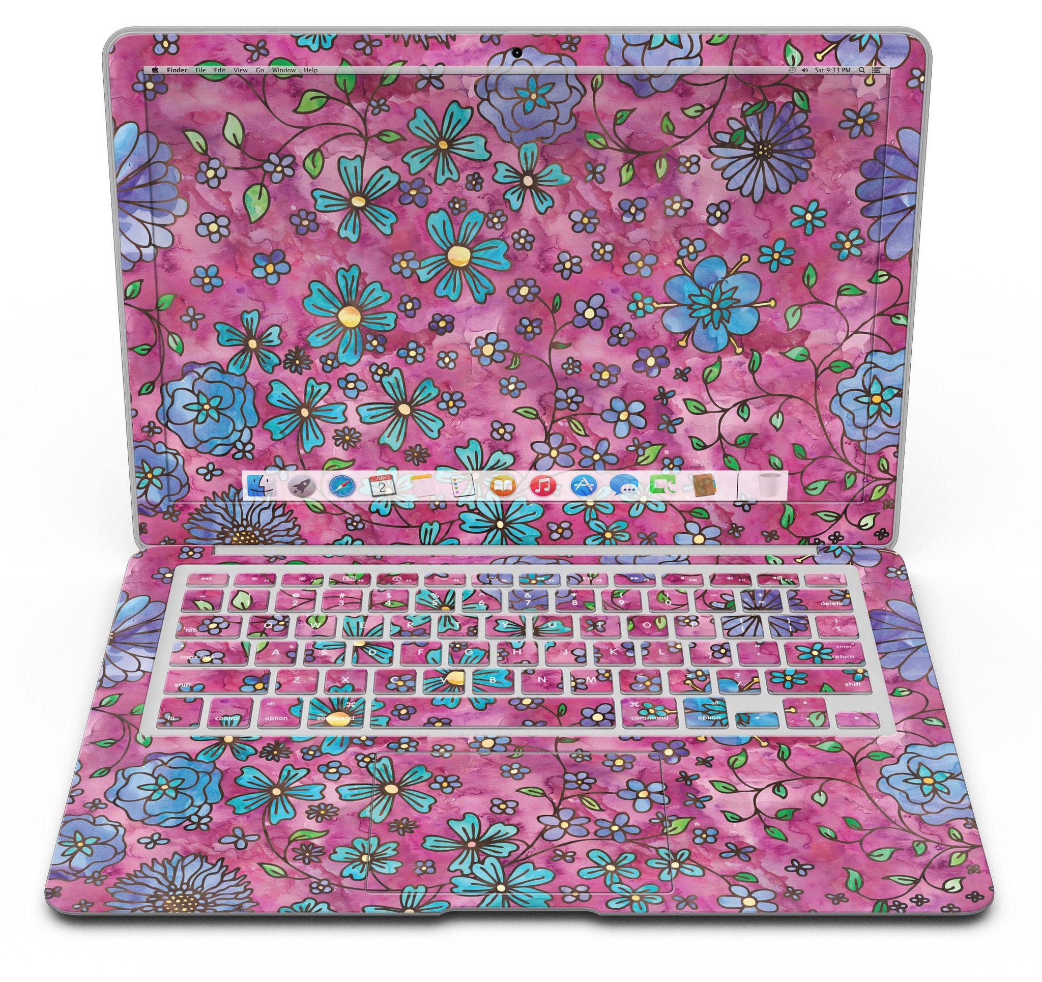 Floral Pattern on Wine Watercolor MacBook Air Skin Kit showcasing vibrant floral designs on a sleek laptop surface.