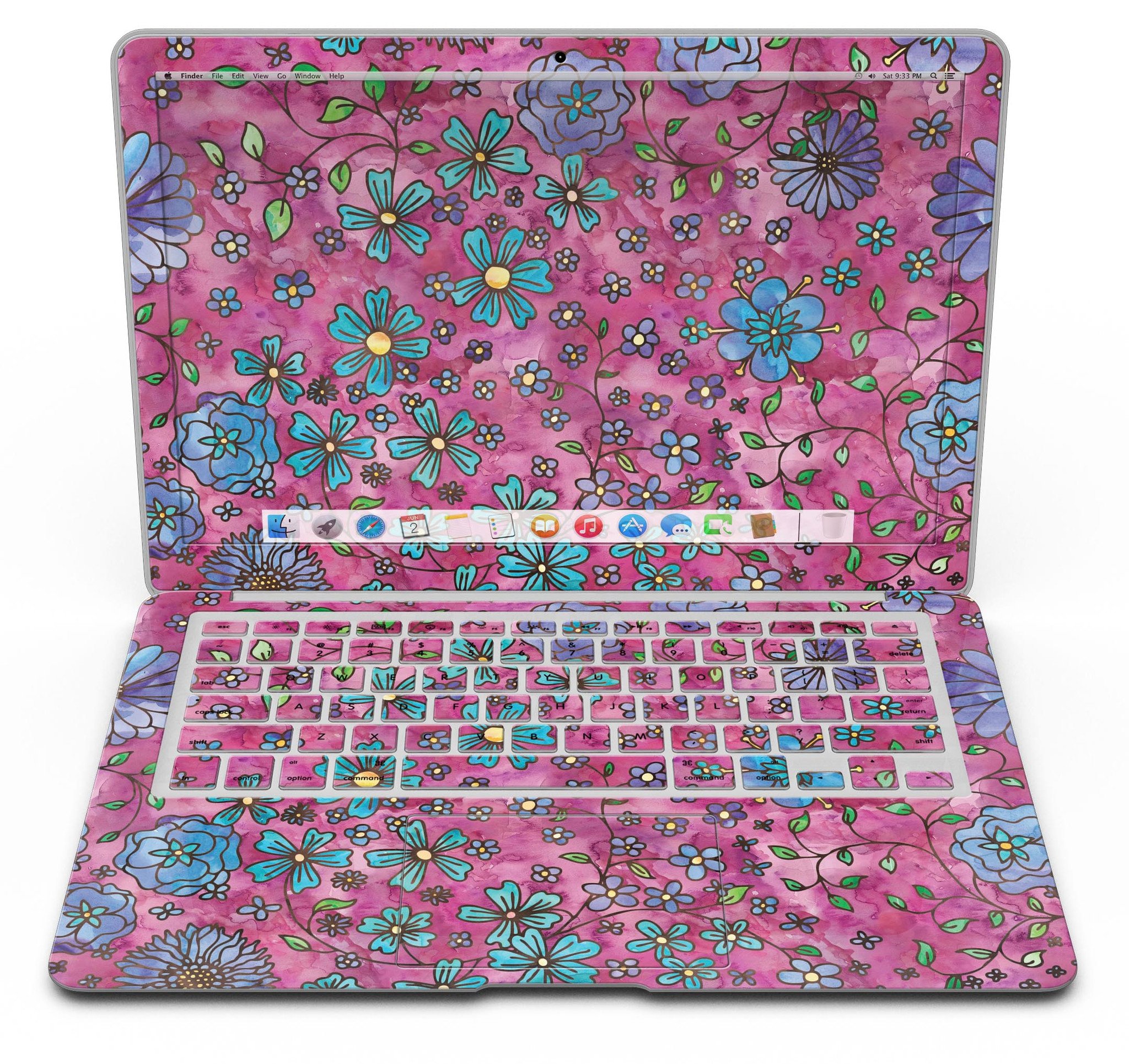 Floral Pattern on Wine Watercolor MacBook Air Skin Kit showcasing vibrant floral designs on a sleek laptop surface.