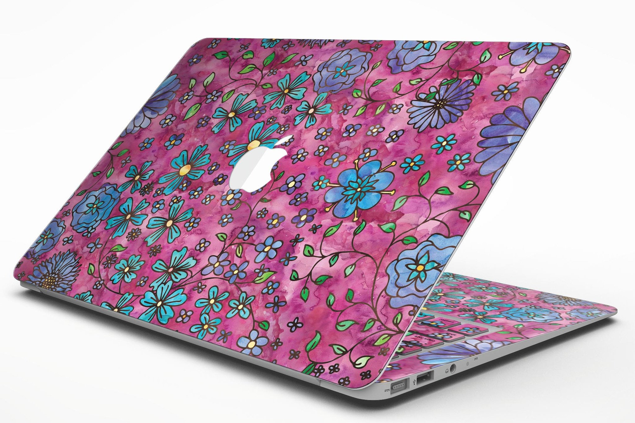 Floral Pattern on Wine Watercolor MacBook Air Skin Kit showcasing vibrant floral designs on a sleek laptop surface.