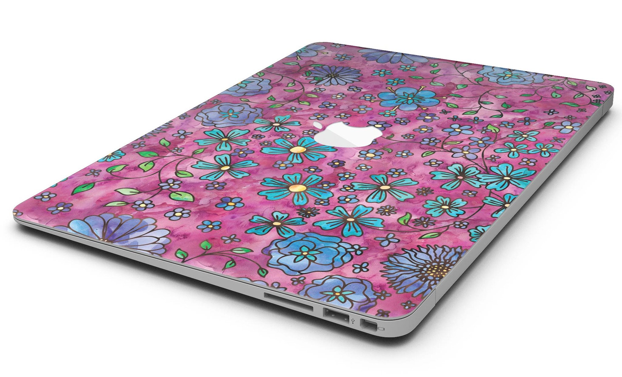 Floral Pattern on Wine Watercolor MacBook Air Skin Kit showcasing vibrant floral designs on a sleek laptop surface.