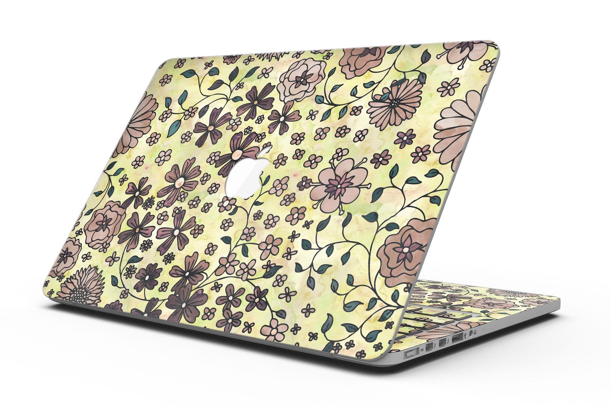 Floral pattern skin for MacBook Pro with Retina Display featuring a vibrant yellow watercolor background.