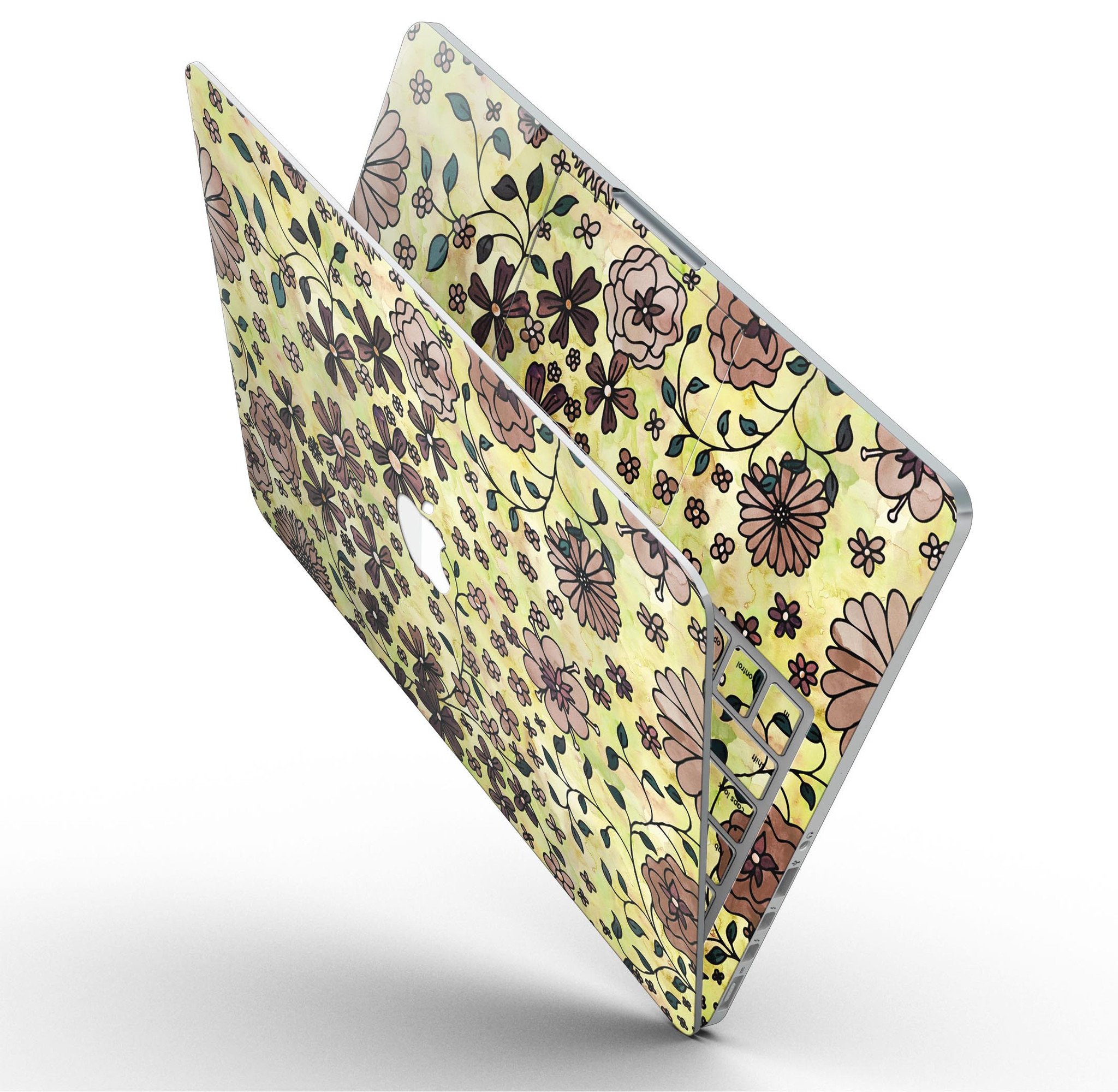 Floral pattern skin for MacBook Pro with Retina Display featuring a vibrant yellow watercolor background.