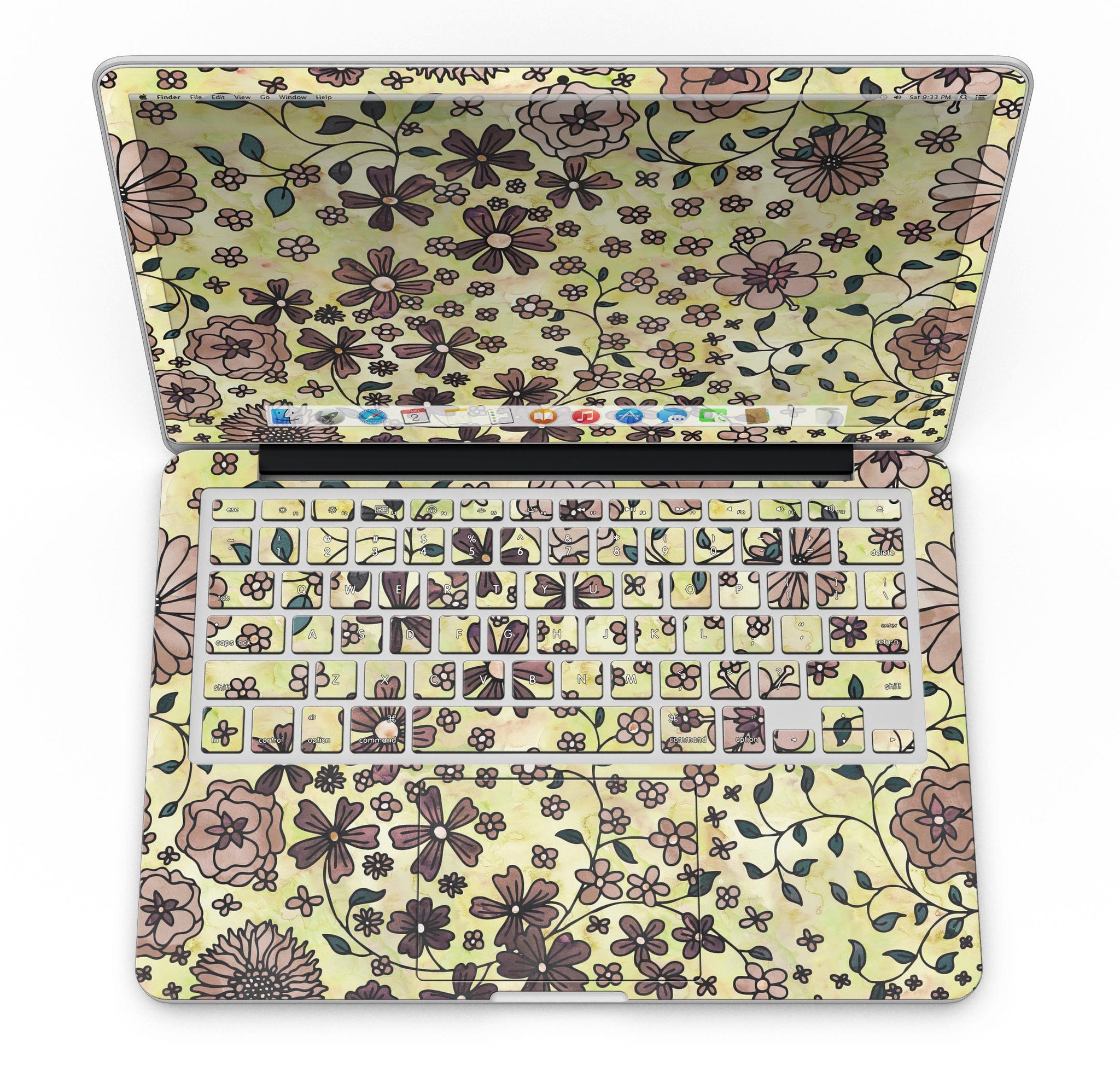 Floral pattern skin for MacBook Pro with Retina Display featuring a vibrant yellow watercolor background.